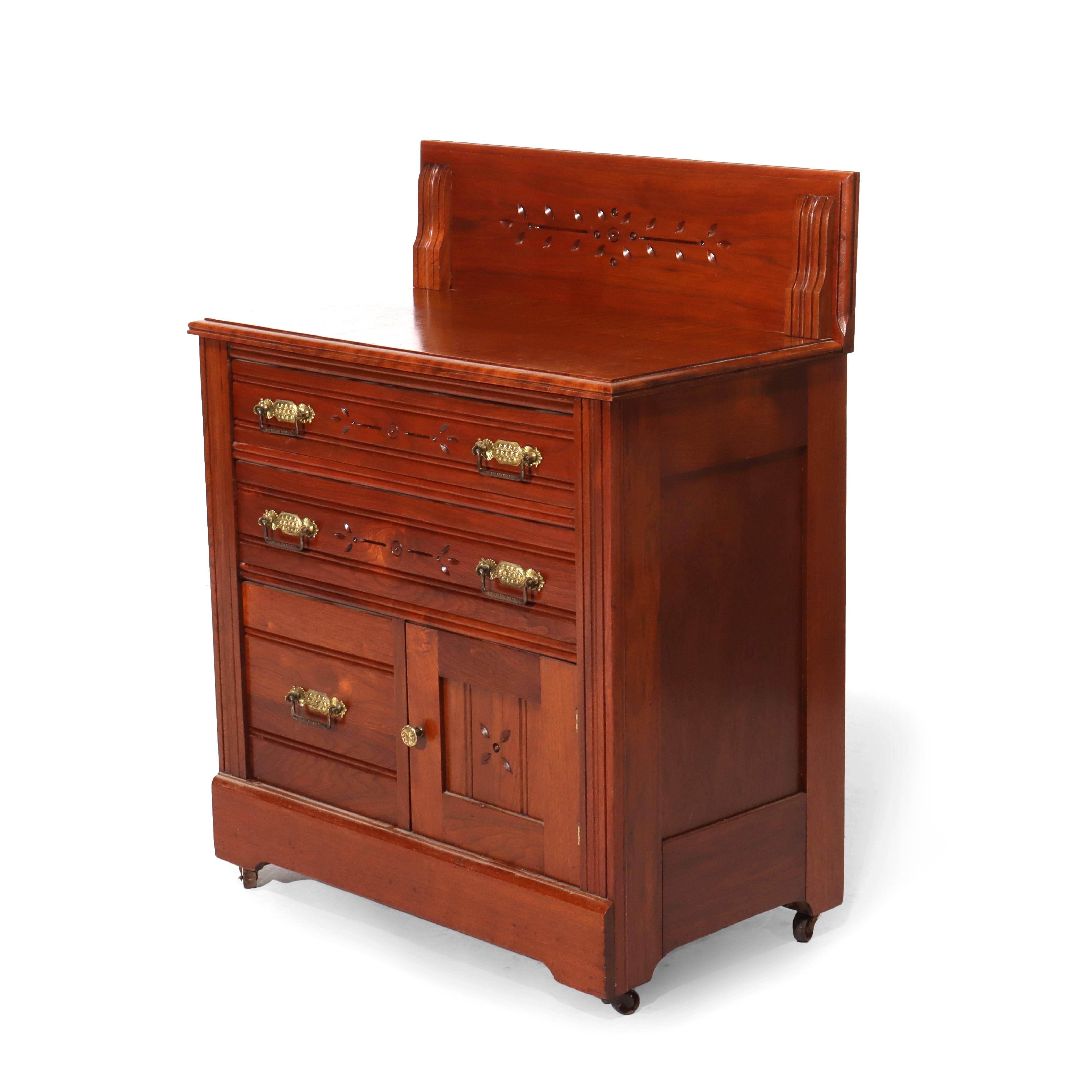 Antique Eastlake Chip Carved Cherry Washstand With Backsplash c1880 For Sale 6
