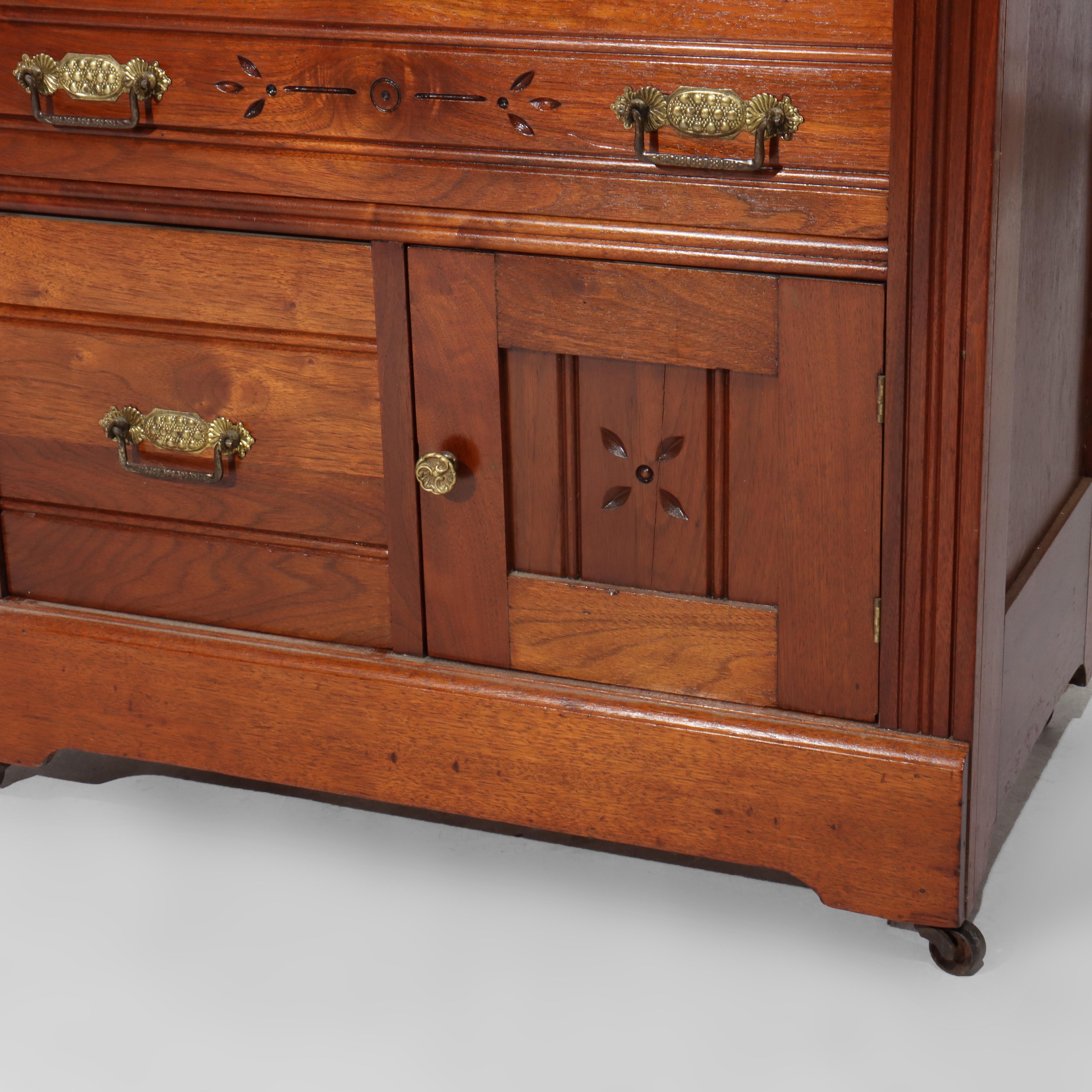 19th Century Antique Eastlake Chip Carved Cherry Washstand With Backsplash c1880 For Sale