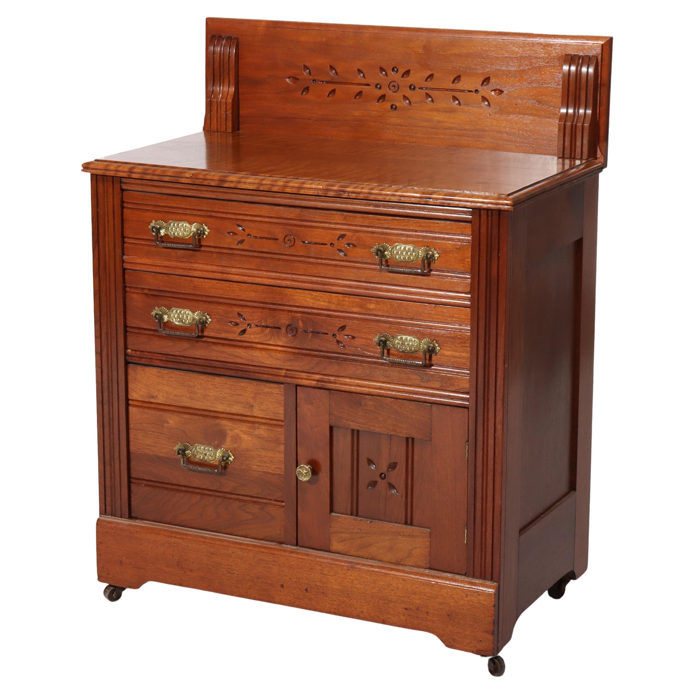 Antique Eastlake Chip Carved Cherry Washstand With Backsplash c1880