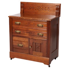 Antique Eastlake Chip Carved Cherry Washstand With Backsplash c1880