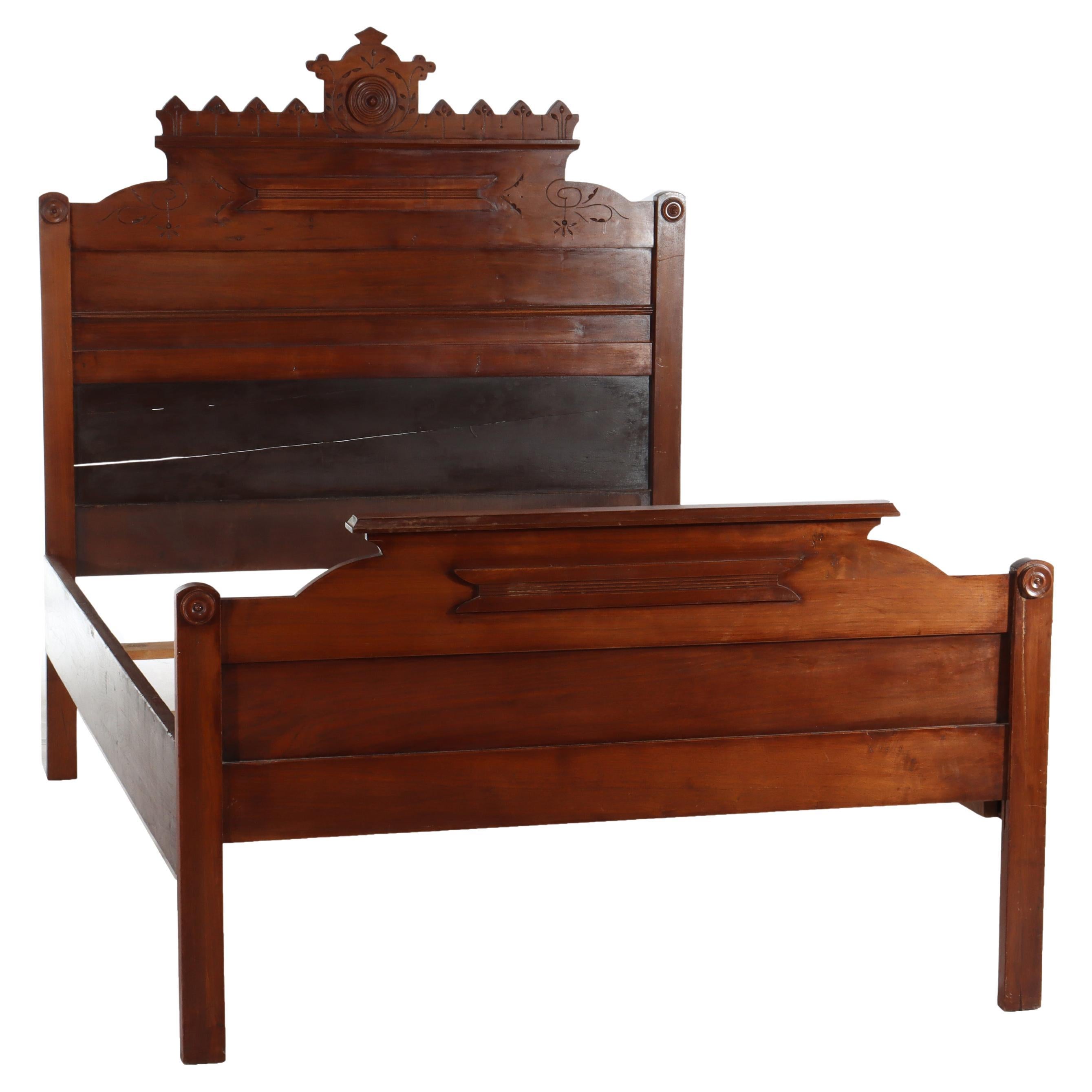 Antique Eastlake Chip Carved Walnut Full Size Bed C1900