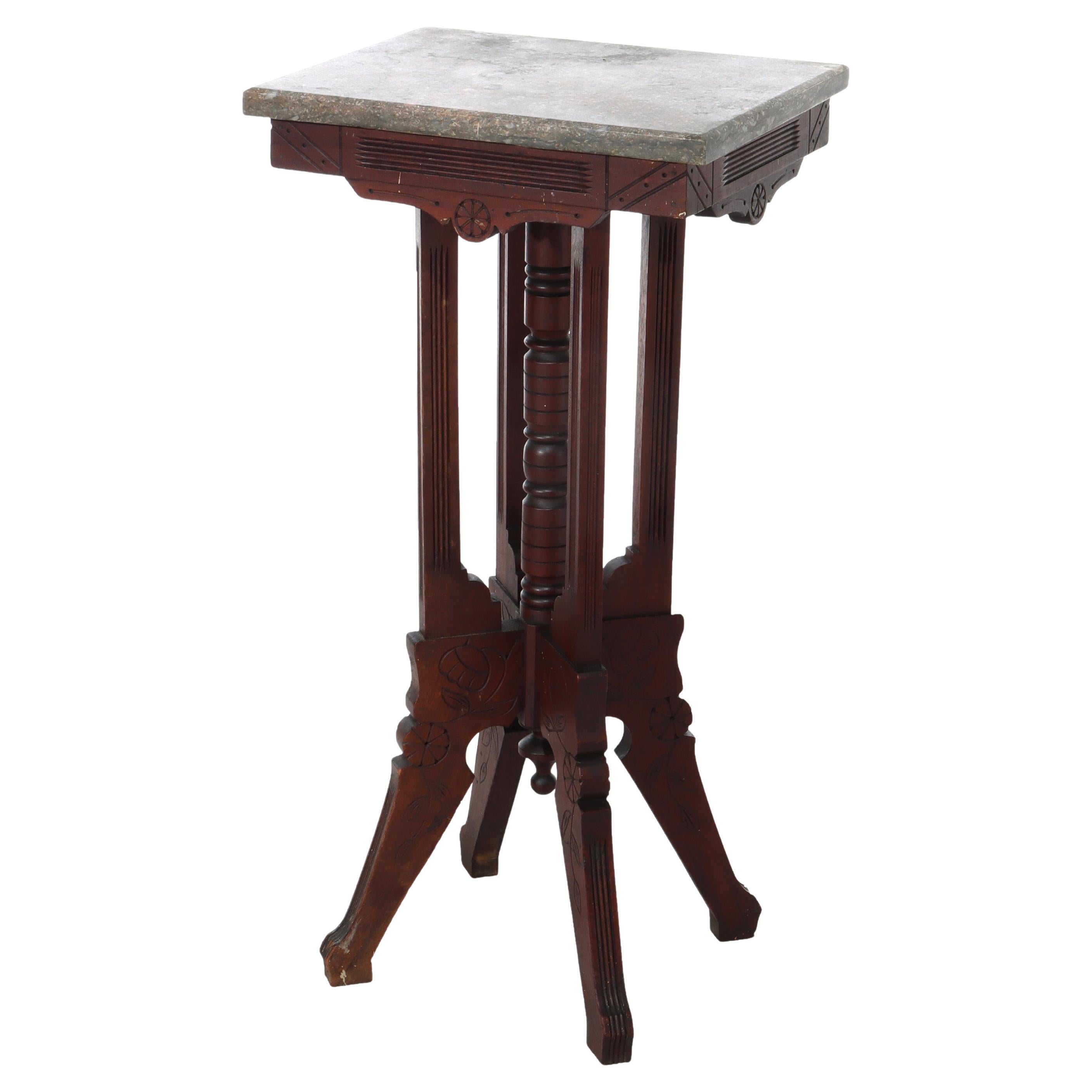 Antique Eastlake Chip Carved Walnut Marble Top Stand C1900