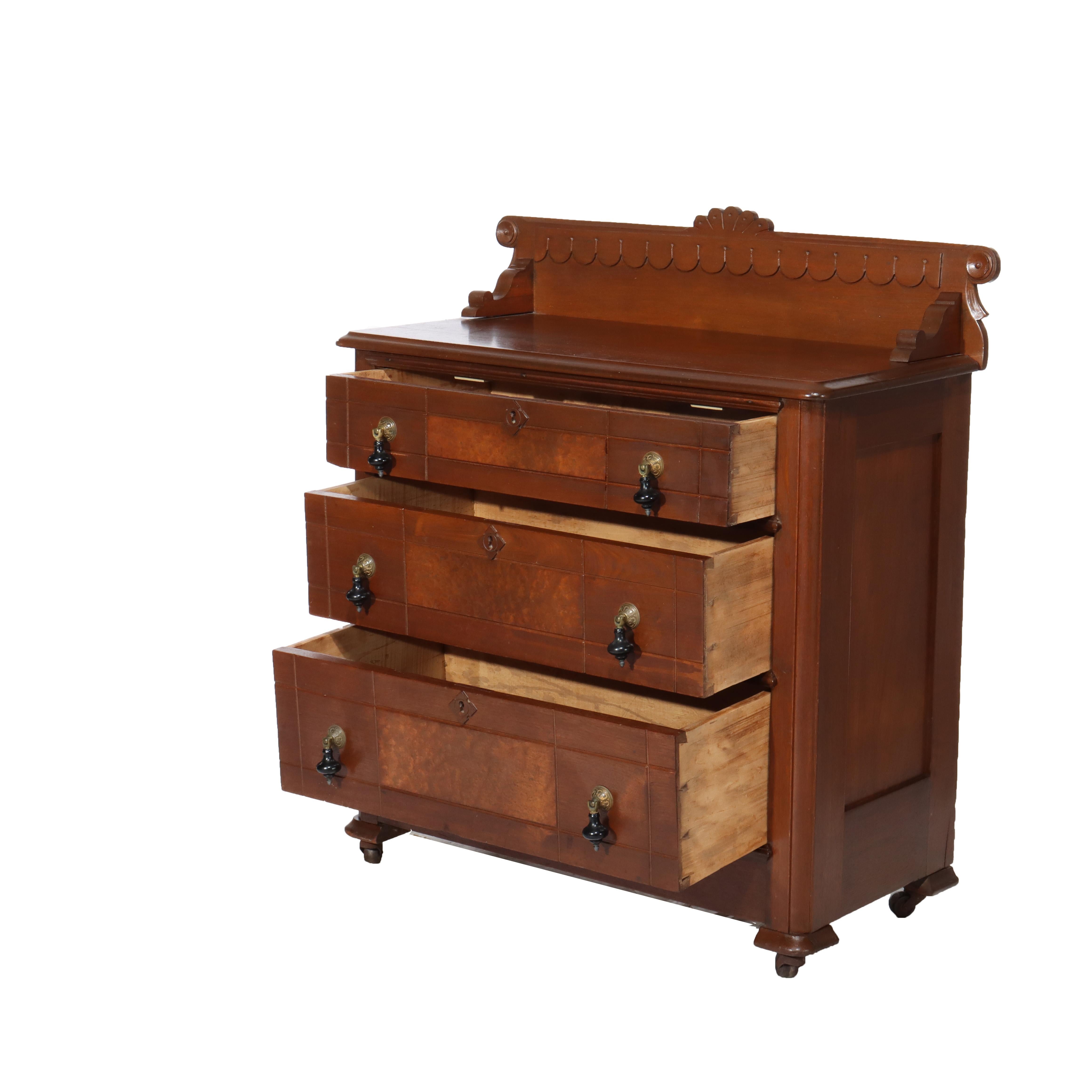 Antique Eastlake Chip Carved Walnut Three Drawer Washstand with Teardrop Pulls Unsigned C1890
Measures - 36.75