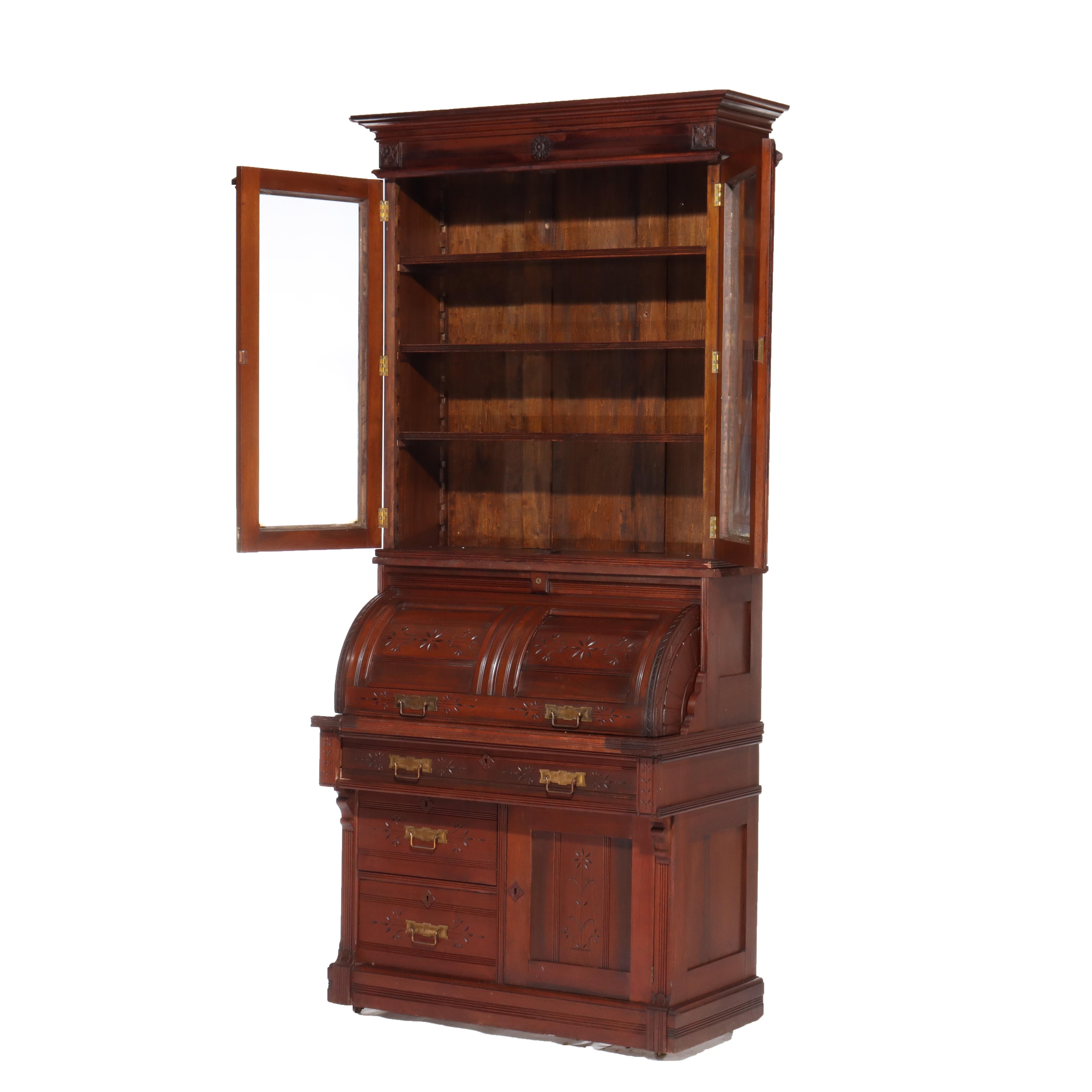 Antico Eastlake Chip Caved Walnut Barrel Roll Cylinder Secretary Desk c1890 in vendita 5