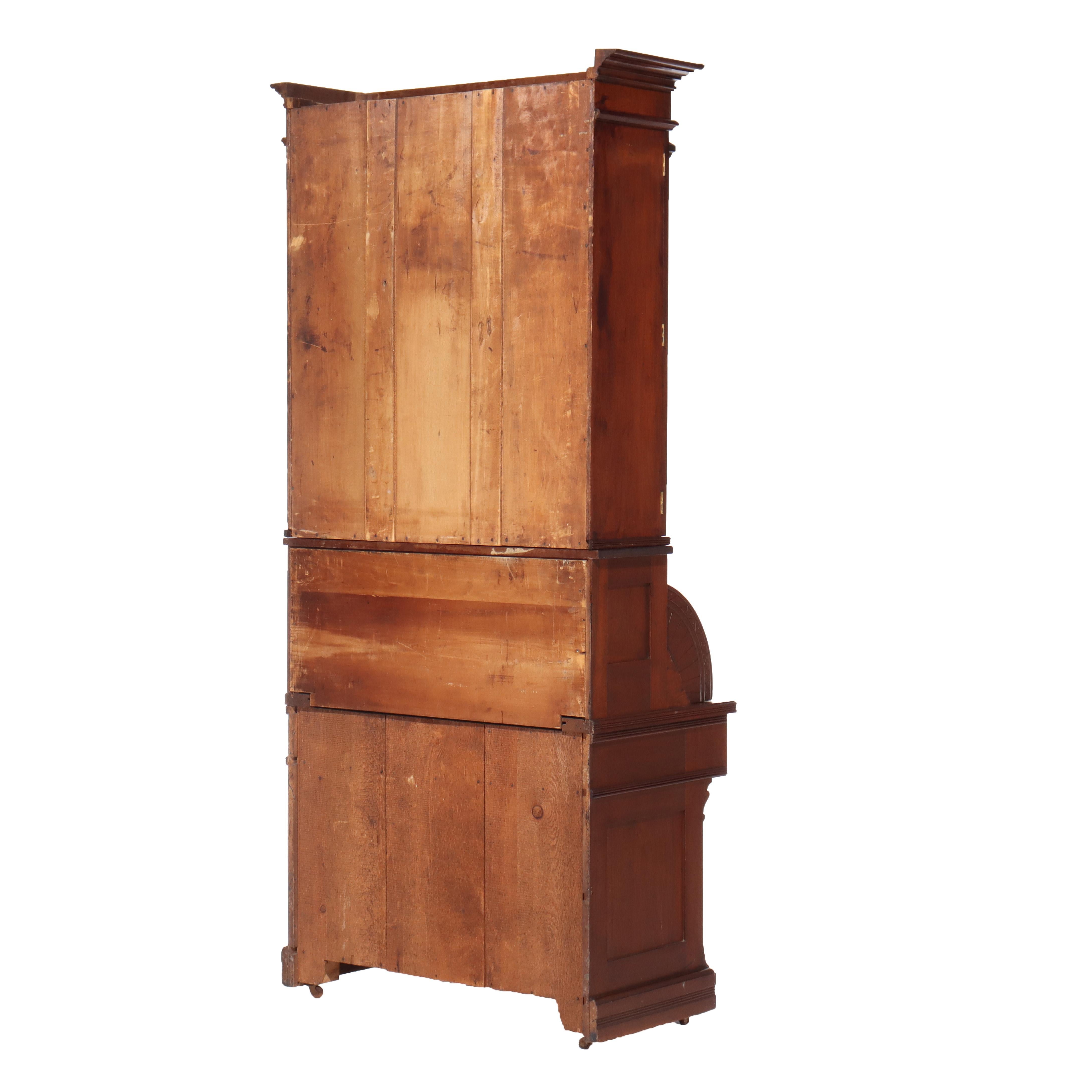 Antico Eastlake Chip Caved Walnut Barrel Roll Cylinder Secretary Desk c1890 in vendita 10