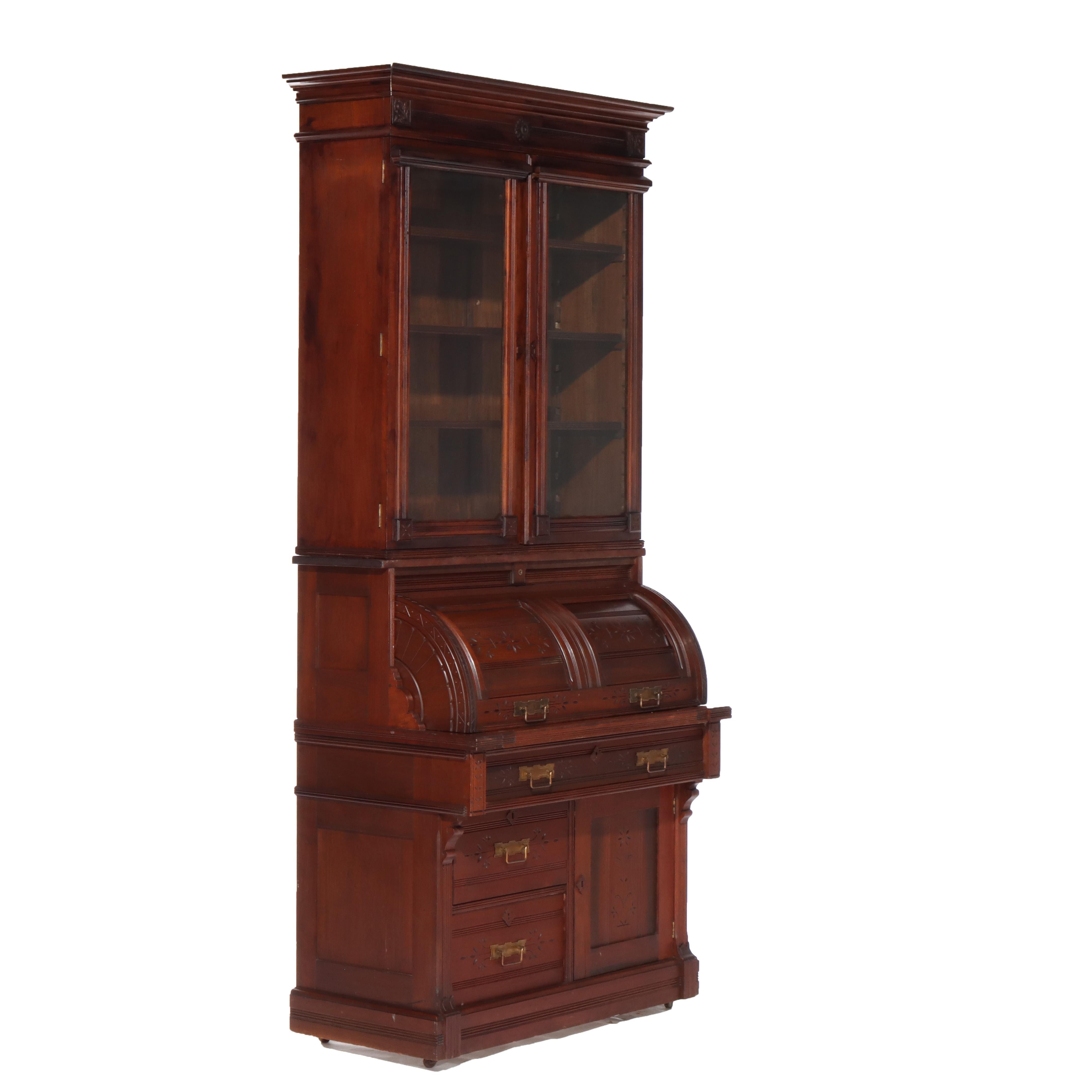 Antico Eastlake Chip Caved Walnut Barrel Roll Cylinder Secretary Desk c1890 in vendita 11