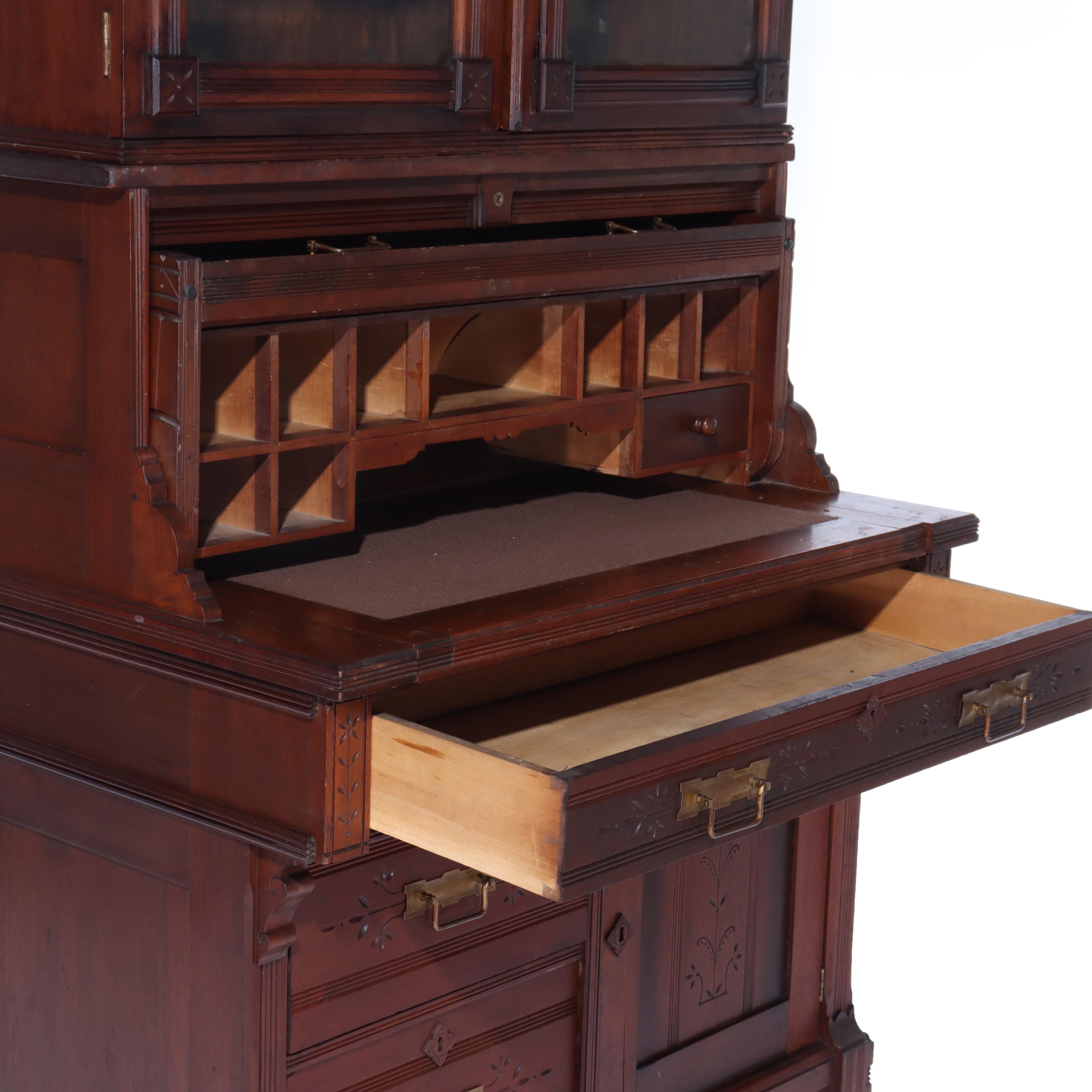 Antico Eastlake Chip Caved Walnut Barrel Roll Cylinder Secretary Desk c1890 in vendita 12