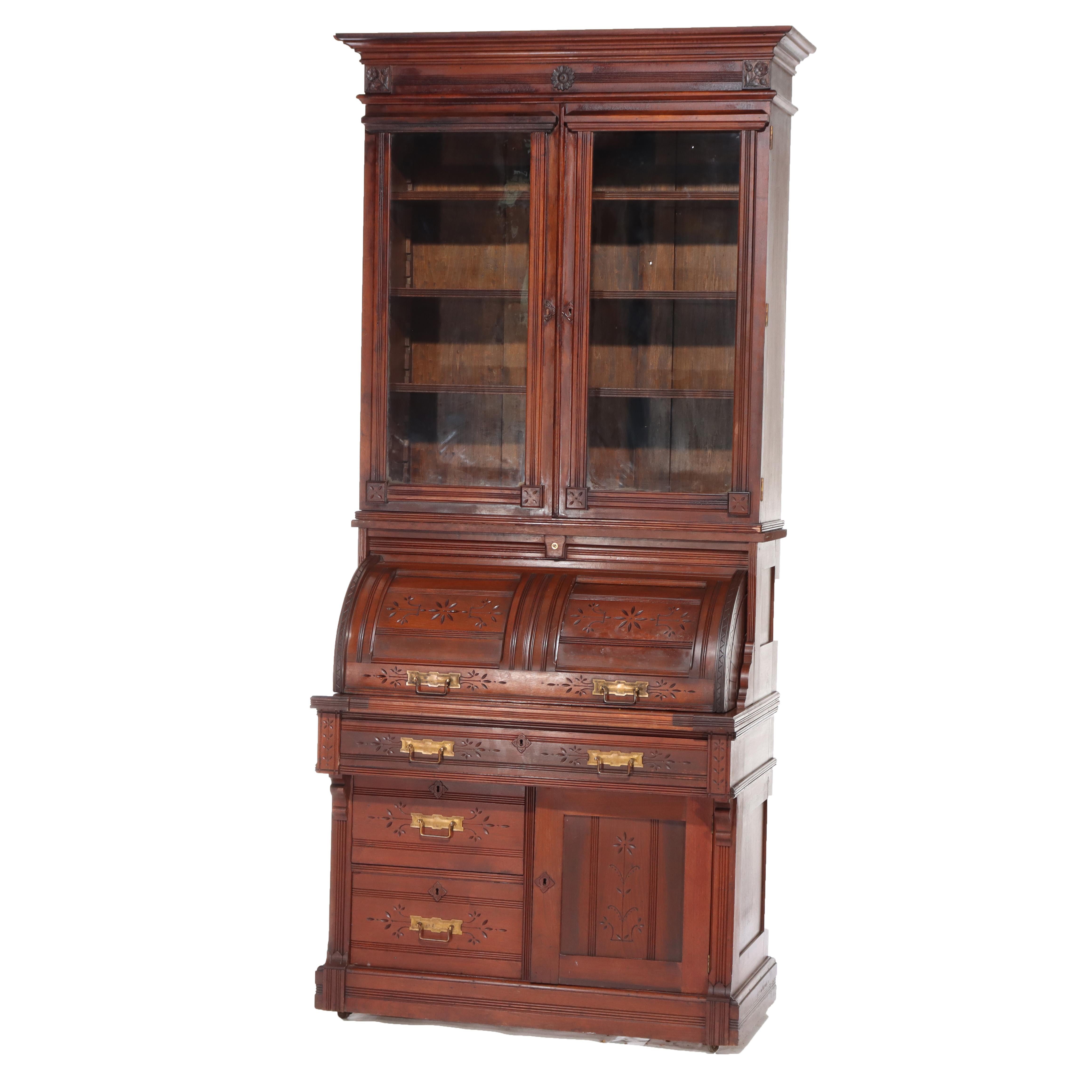 Antico Eastlake Chip Caved Walnut Barrel Roll Cylinder Secretary Desk c1890 in vendita 14