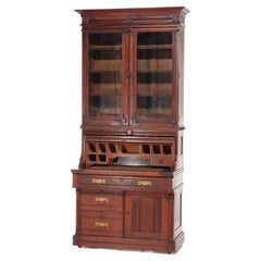 Antique Eastlake Chip Caved Walnut Barrel Roll Cylinder Secretary Desk c1890