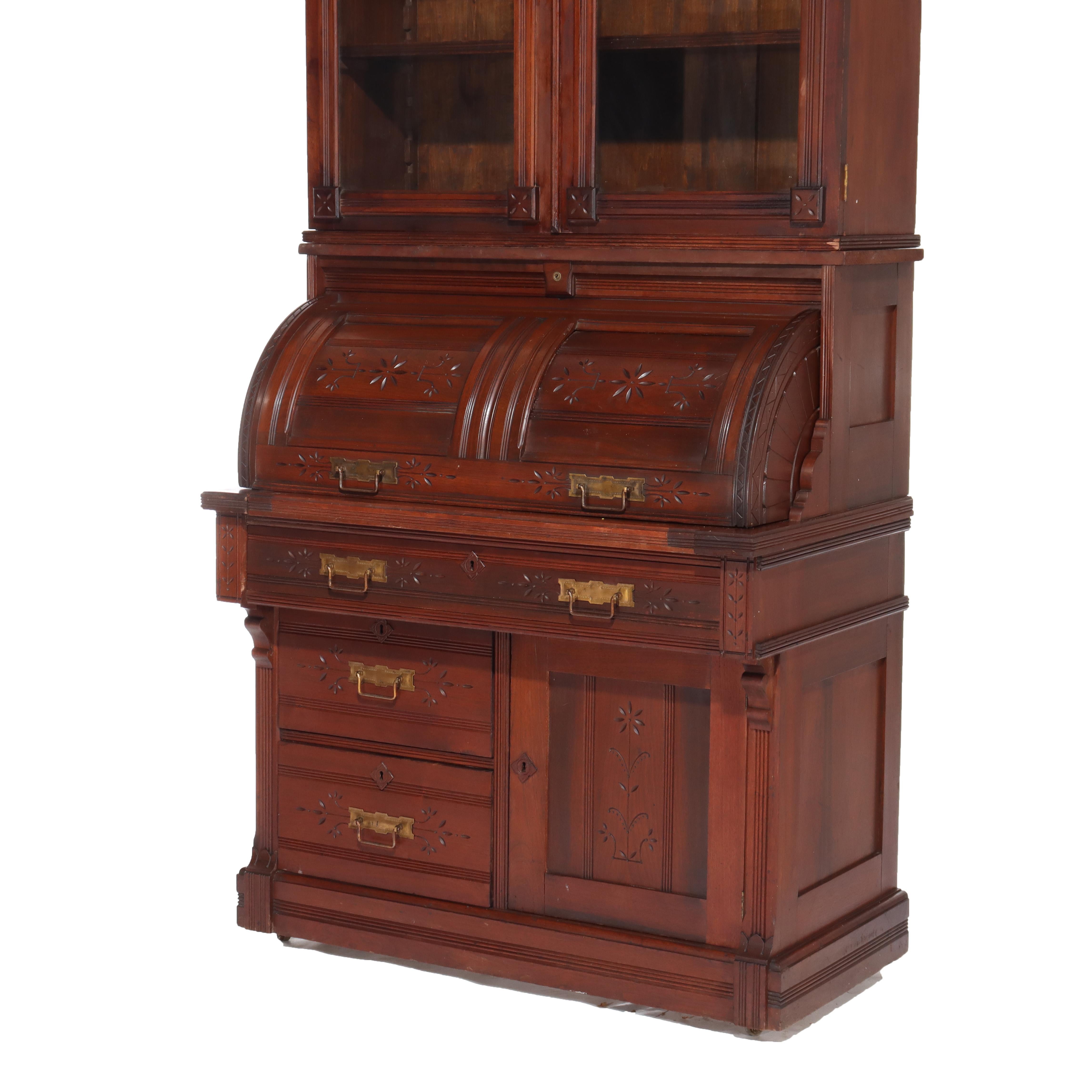 XIX secolo Antico Eastlake Chip Caved Walnut Barrel Roll Cylinder Secretary Desk c1890 in vendita