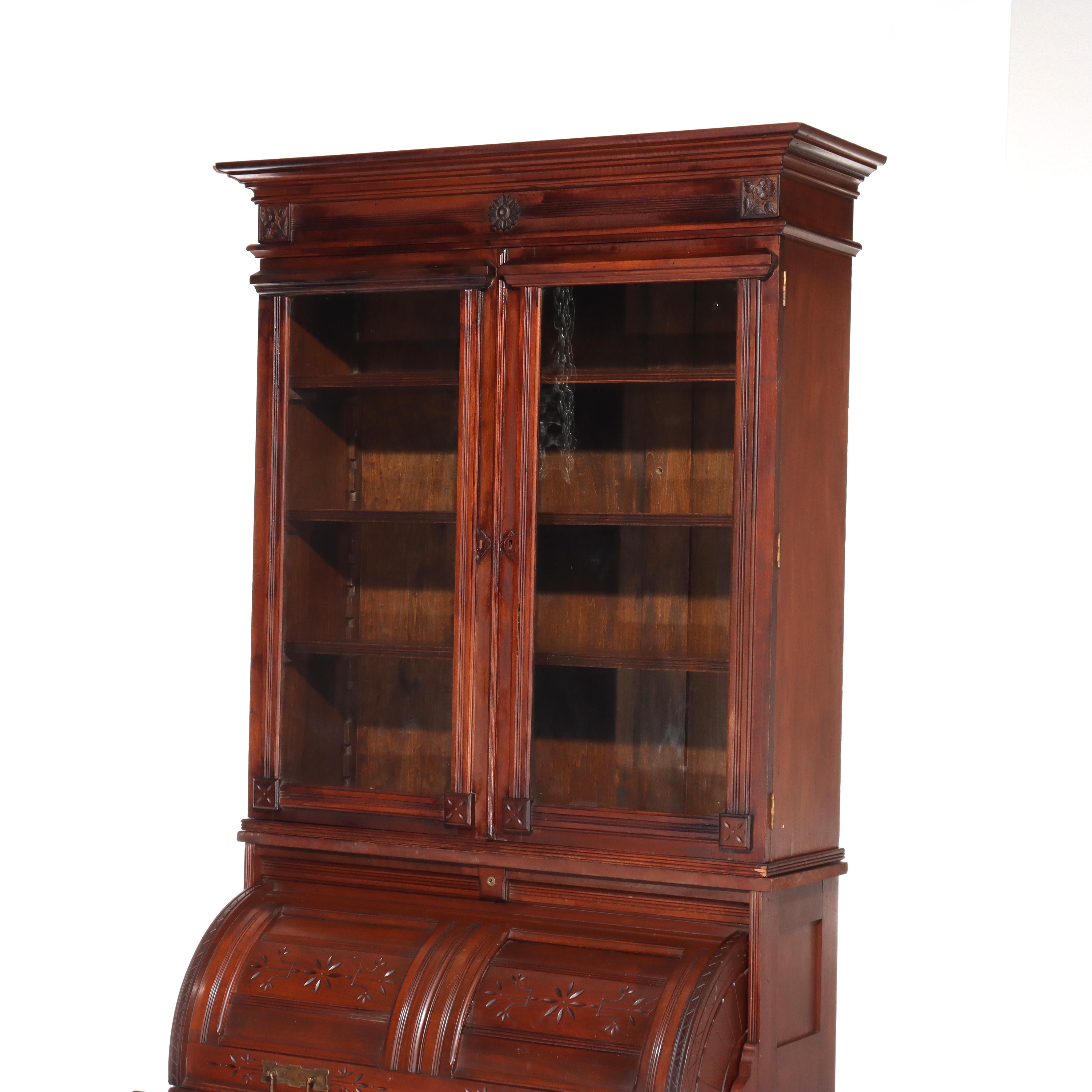Noce Antico Eastlake Chip Caved Walnut Barrel Roll Cylinder Secretary Desk c1890 in vendita