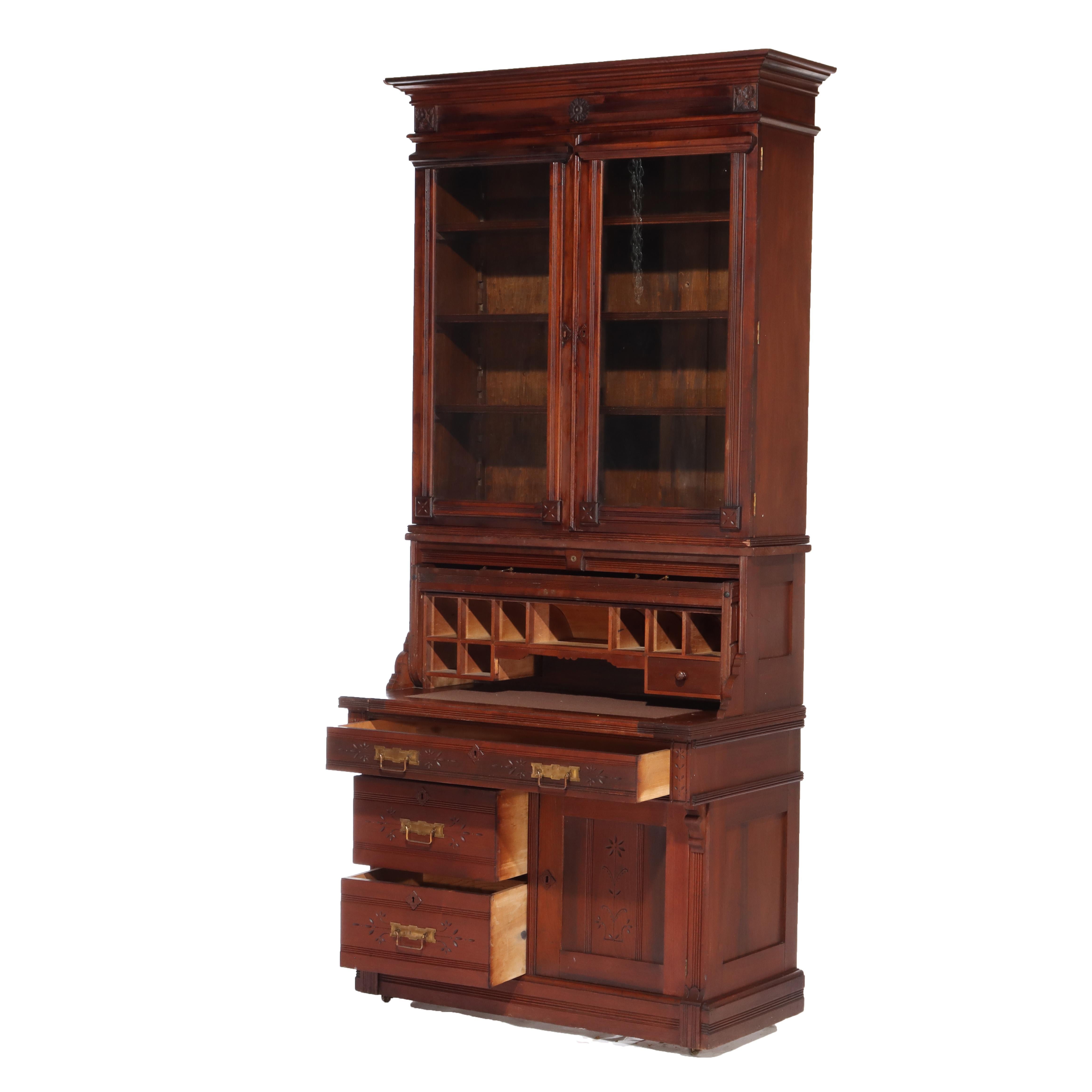 Antico Eastlake Chip Caved Walnut Barrel Roll Cylinder Secretary Desk c1890 in vendita 1
