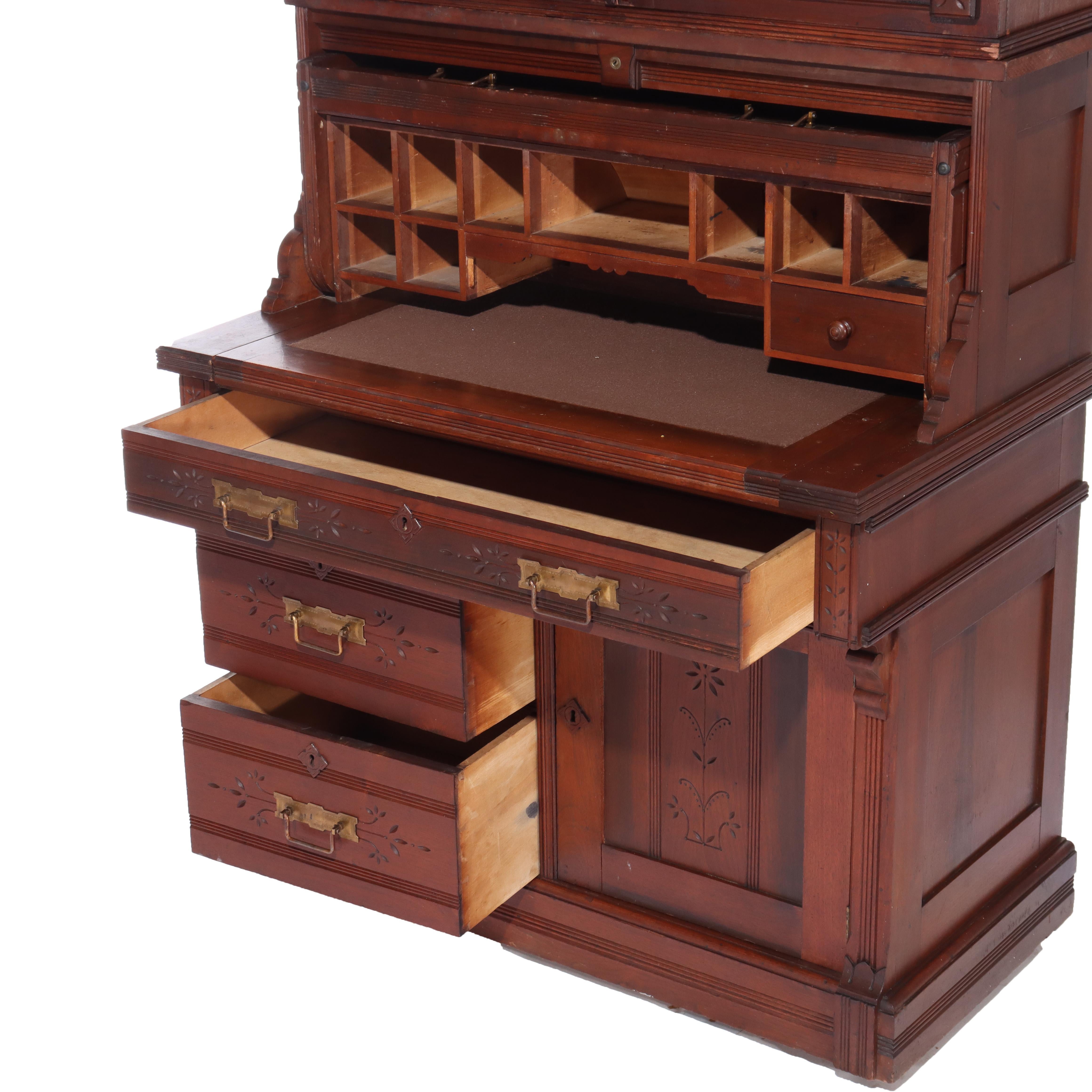 Antico Eastlake Chip Caved Walnut Barrel Roll Cylinder Secretary Desk c1890 in vendita 2