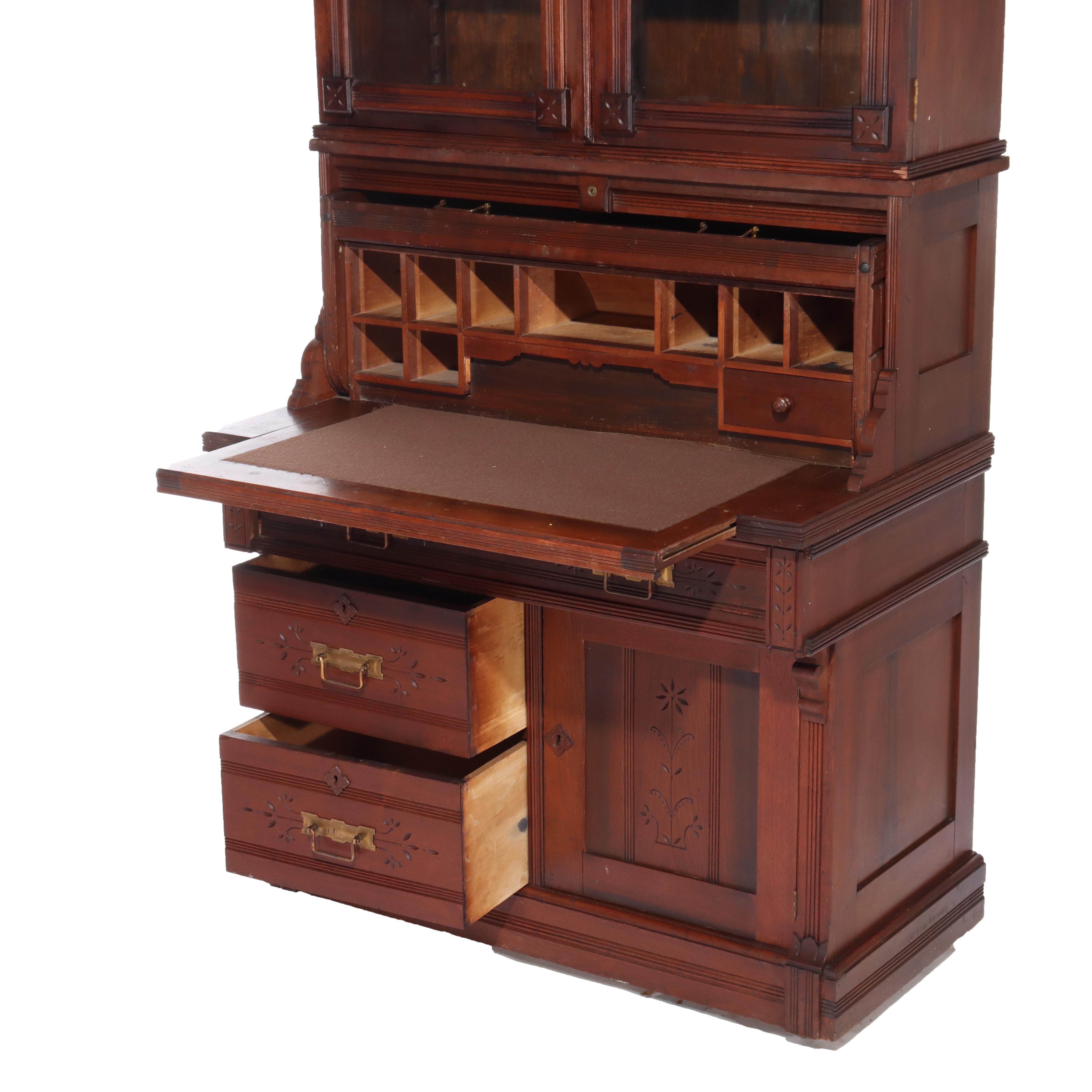 Antico Eastlake Chip Caved Walnut Barrel Roll Cylinder Secretary Desk c1890 in vendita 3