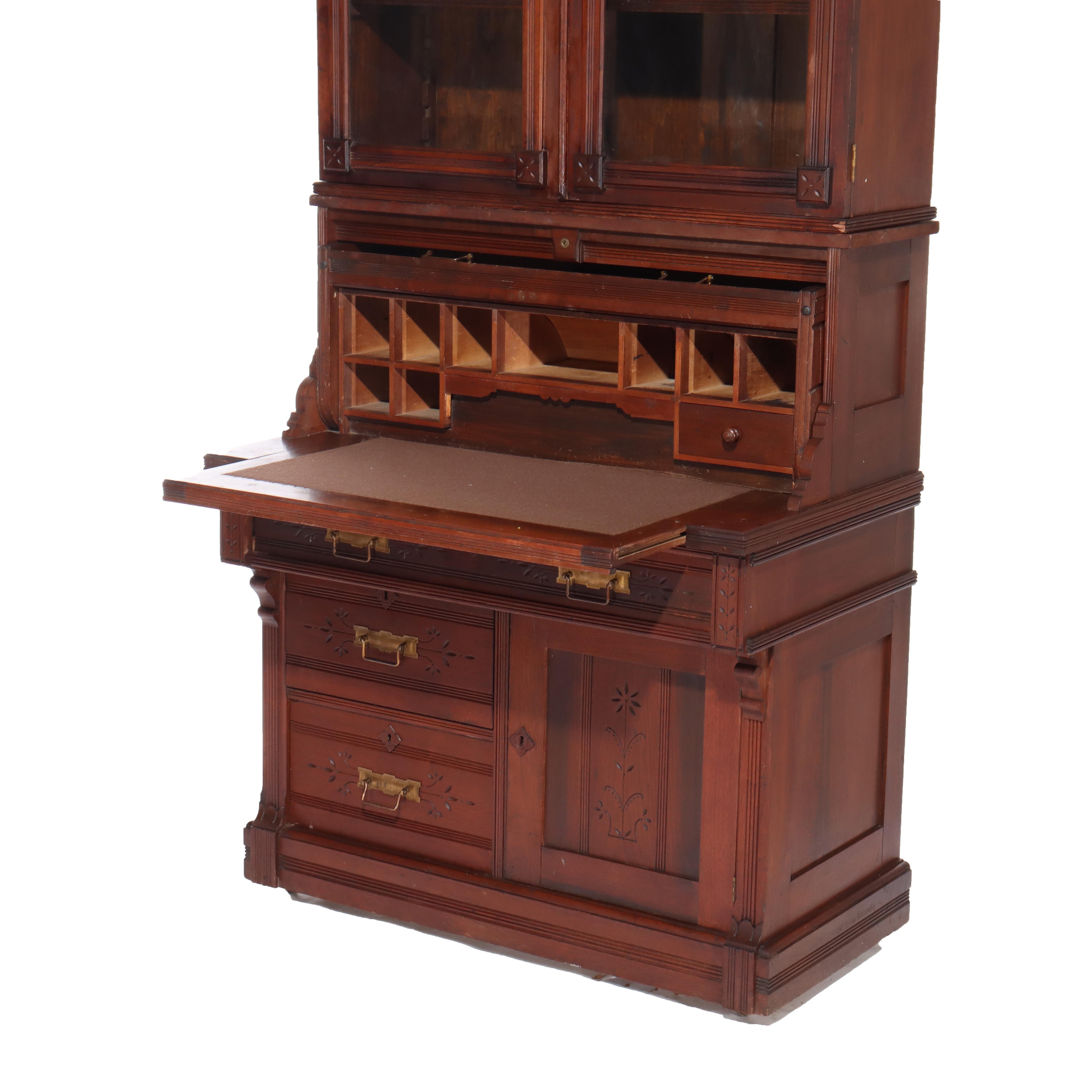 Antico Eastlake Chip Caved Walnut Barrel Roll Cylinder Secretary Desk c1890 in vendita 4