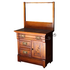 Antique Eastlake Foliate Chip Carved Walnut Commode with Towel Bar C1910