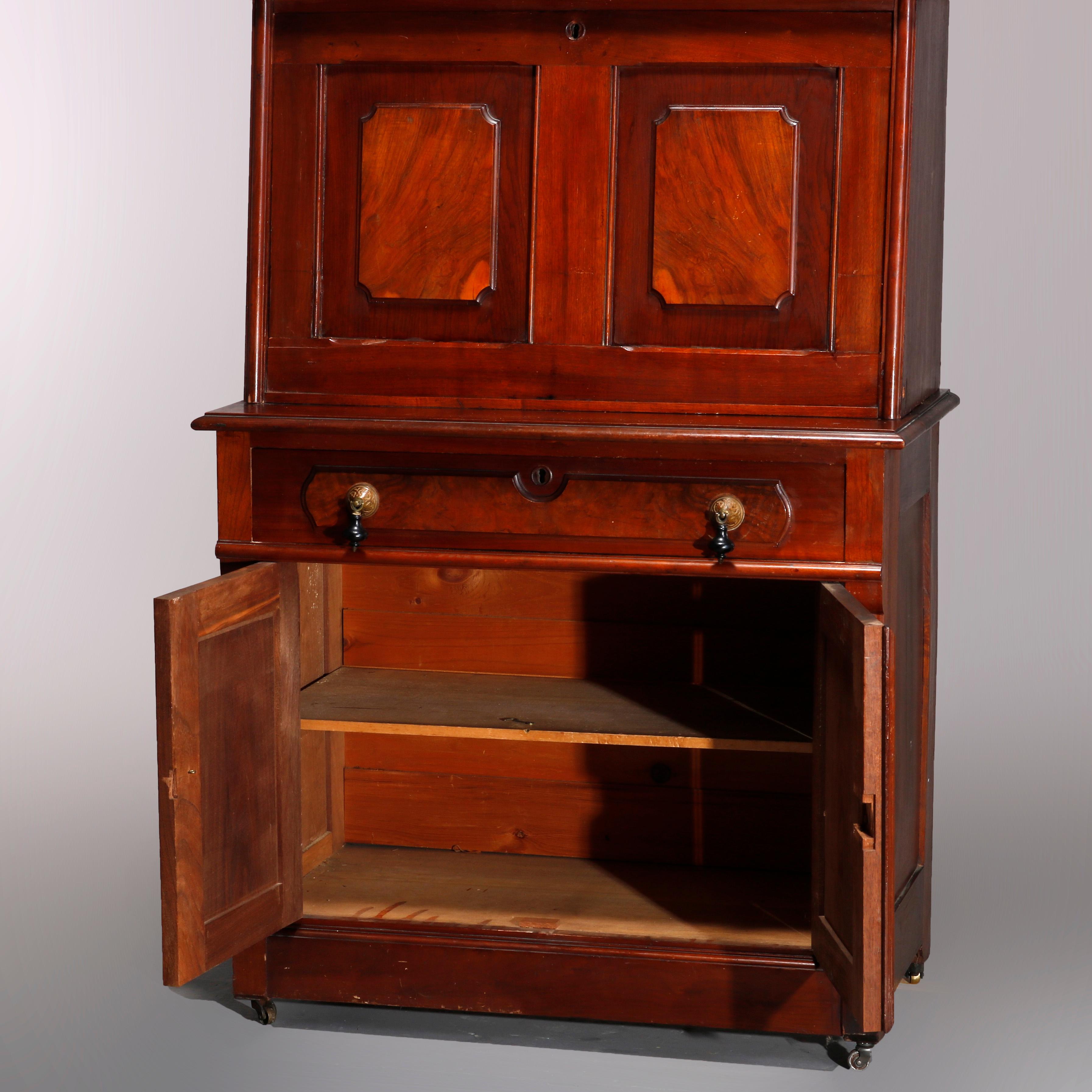 Antique Eastlake Incised Walnut and Burl Slant Front Secretary, circa 1890 For Sale 3