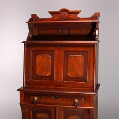 Antique Eastlake Incised Walnut and Burl Slant Front Secretary, circa 1890