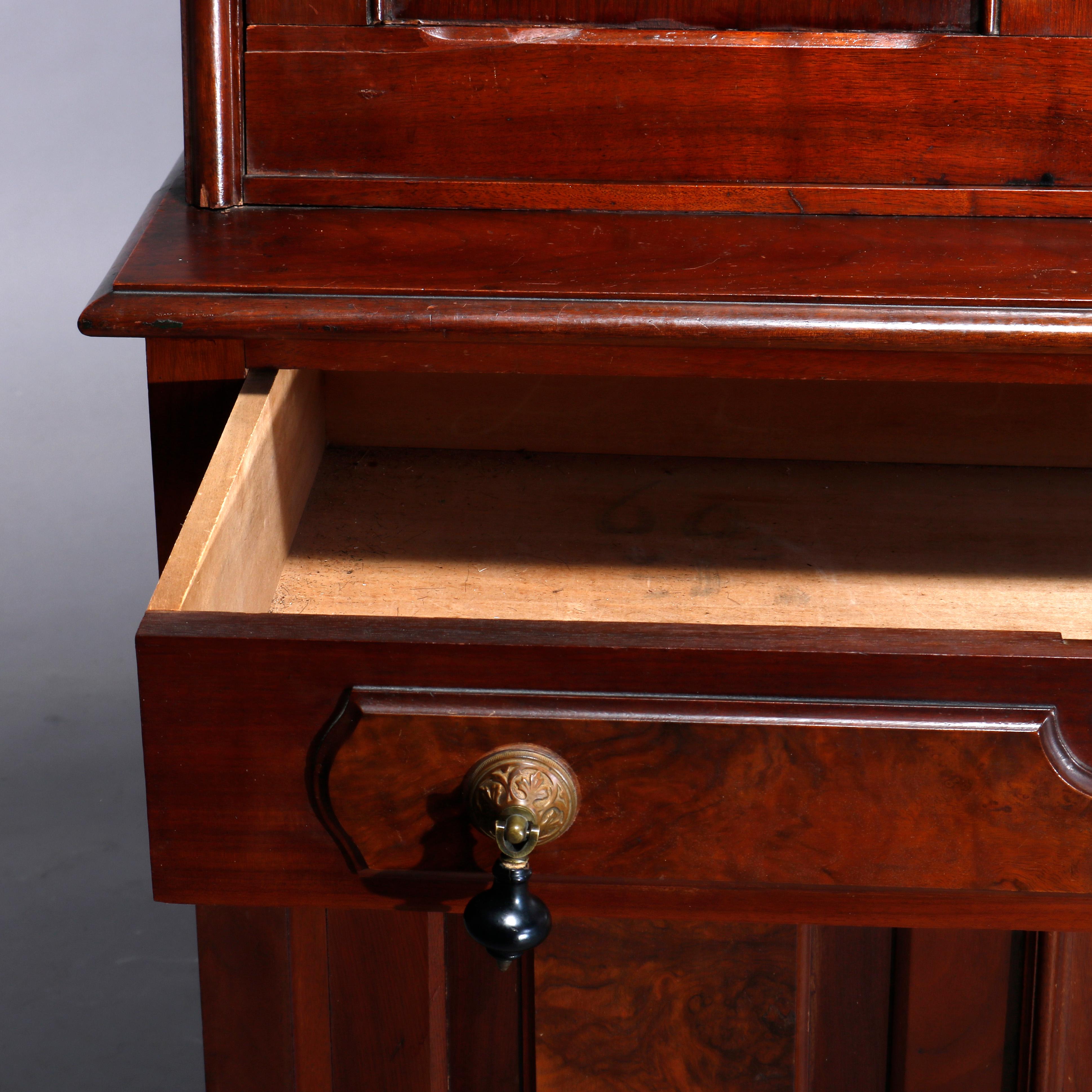 Antique Eastlake Incised Walnut and Burl Slant Front Secretary, circa 1890 In Good Condition For Sale In Big Flats, NY