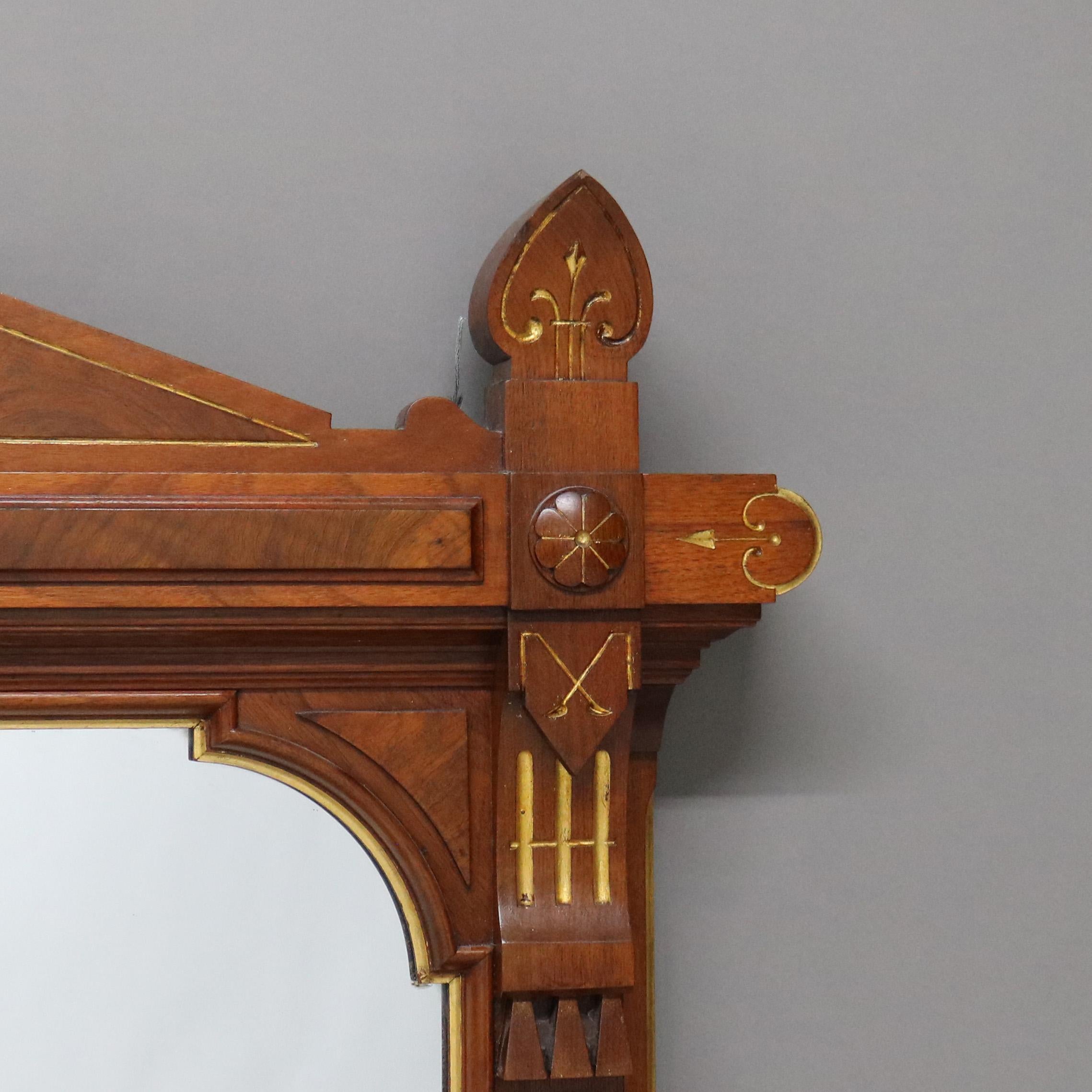 Antique Eastlake Incised Walnut & Gilt Mantle Mirror with Floral Elements C1890 In Good Condition In Big Flats, NY