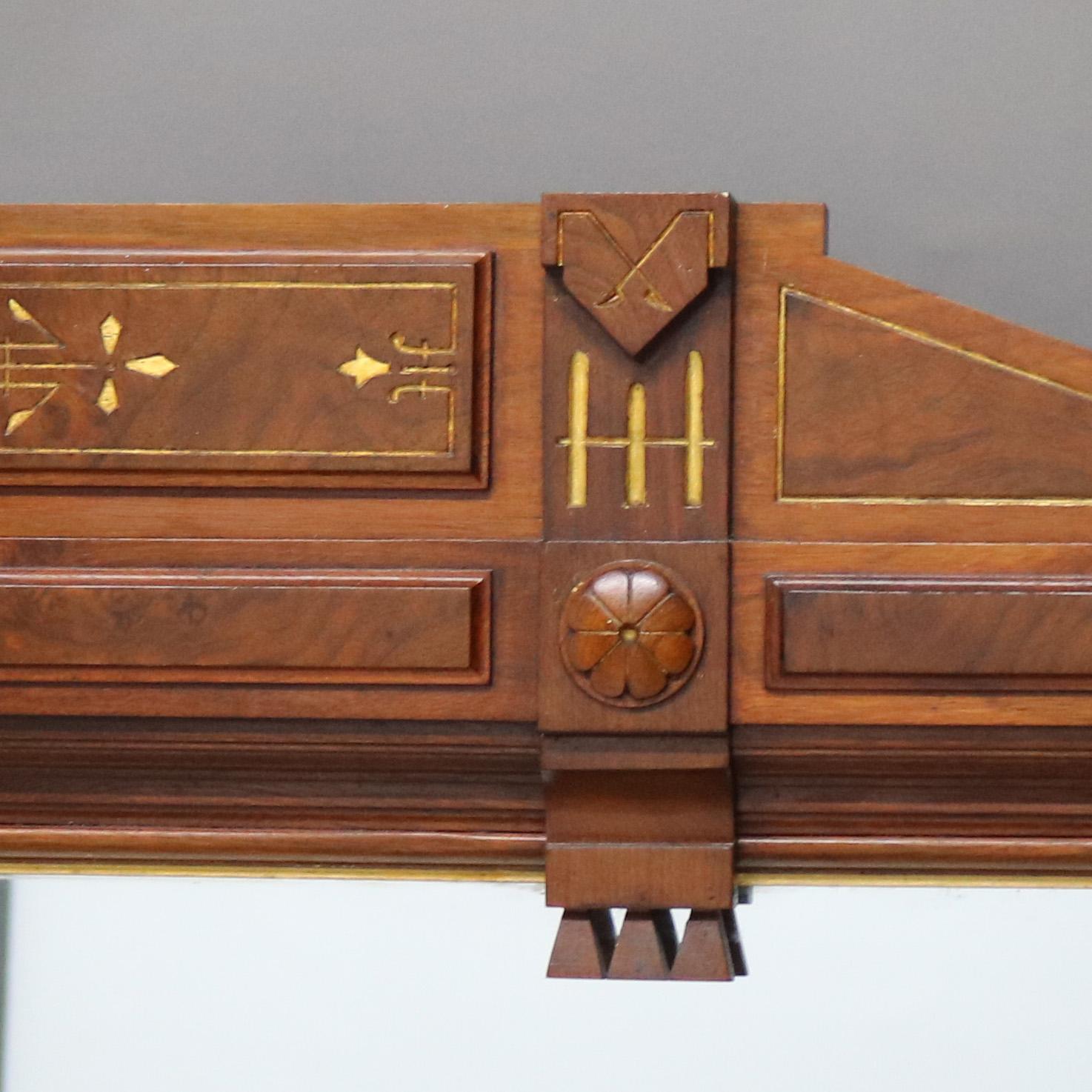 19th Century Antique Eastlake Incised Walnut & Gilt Mantle Mirror with Floral Elements C1890