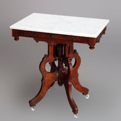 Antique Eastlake Marble-Top Carved Walnut and Burl Side Table, circa 1890