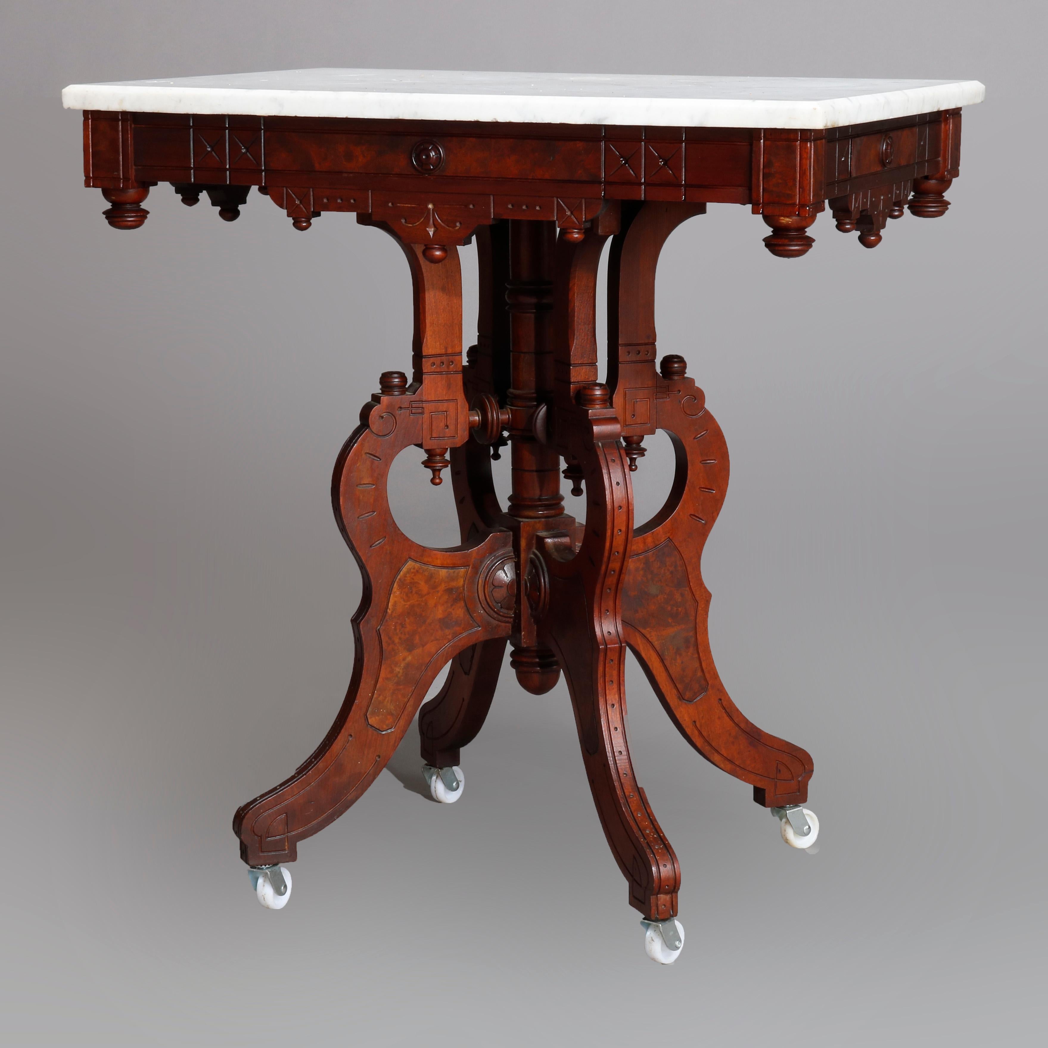Antique Eastlake MarbleTop Carved Walnut and Burl Side Table, circa