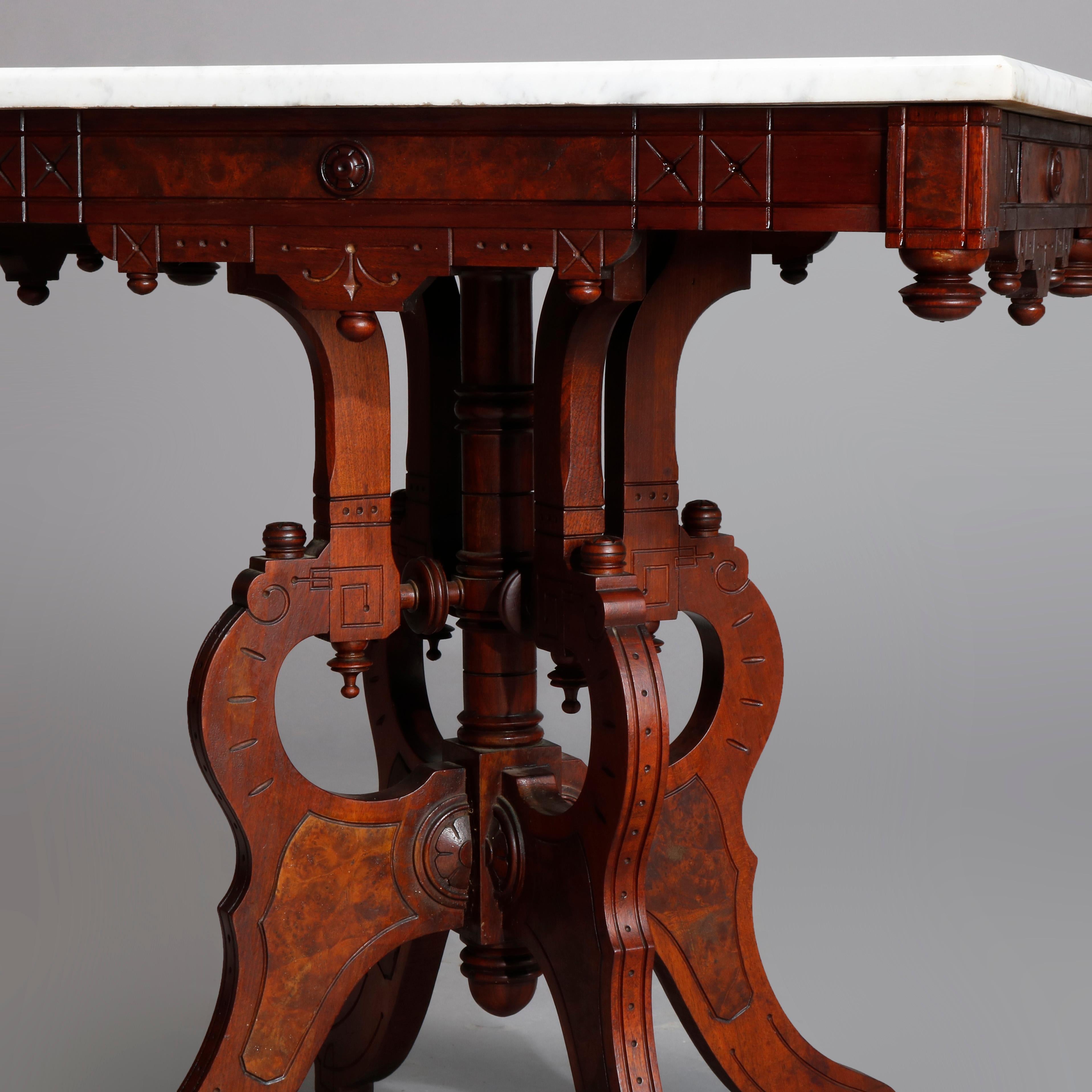 Antique Eastlake MarbleTop Carved Walnut and Burl Side Table, circa