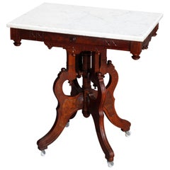 Table d'appoint ancienne Eastlake à dessus en marbre:: en noyer sculpté et ronce:: vers 1890