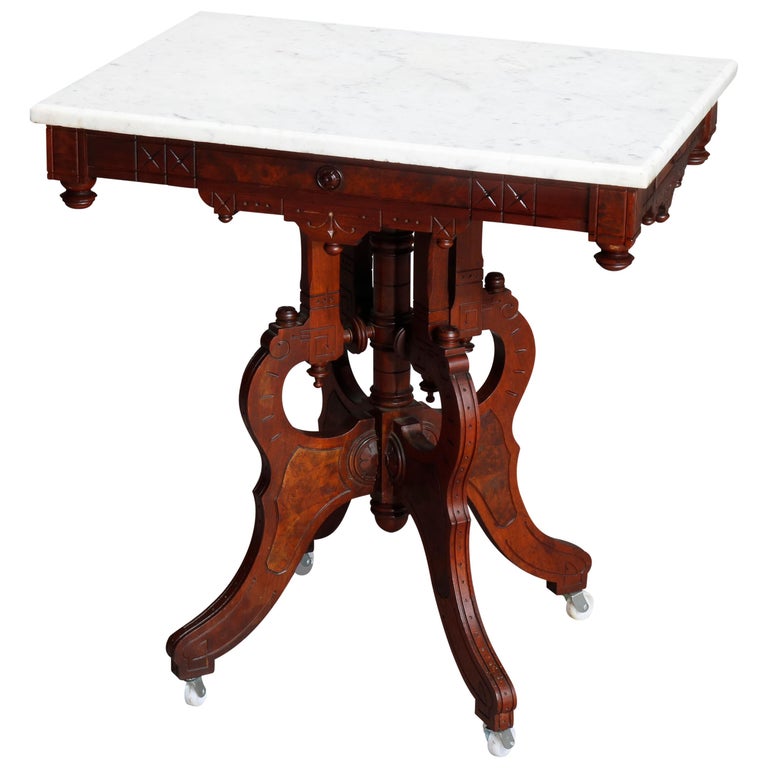 Antique Eastlake MarbleTop Carved Walnut and Burl Side Table, circa