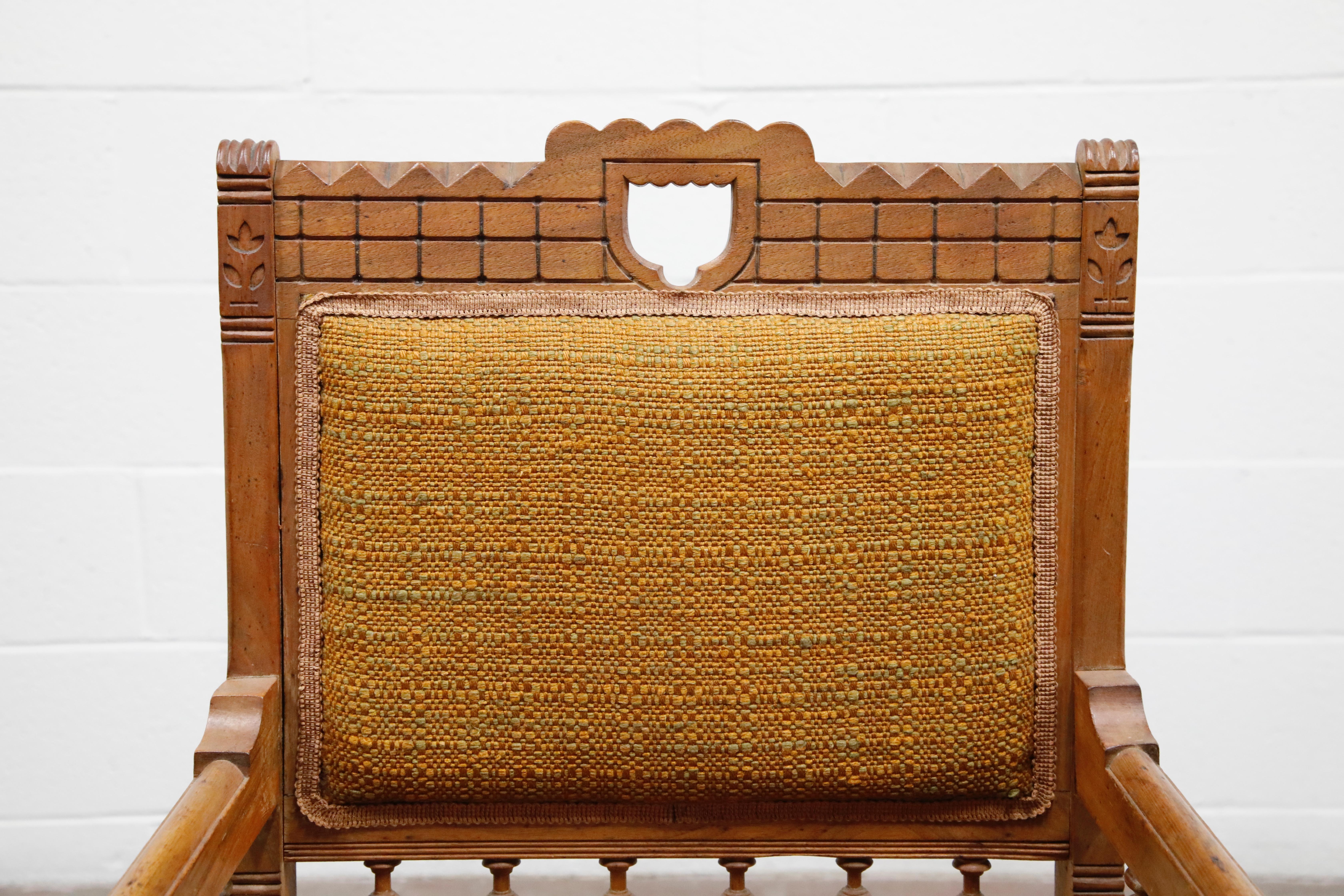 Fabric Antique Eastlake Oak Upholstered Armchair