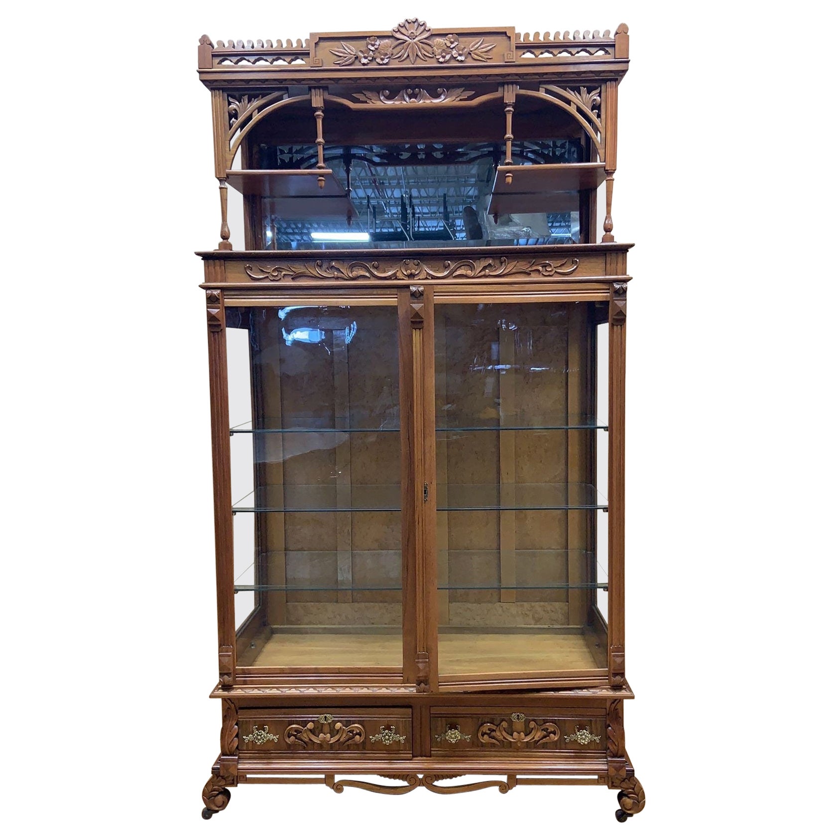 Antique Eastlake Ornate Carved Walnut Double Glass-Door Bookcase Display Cabinet