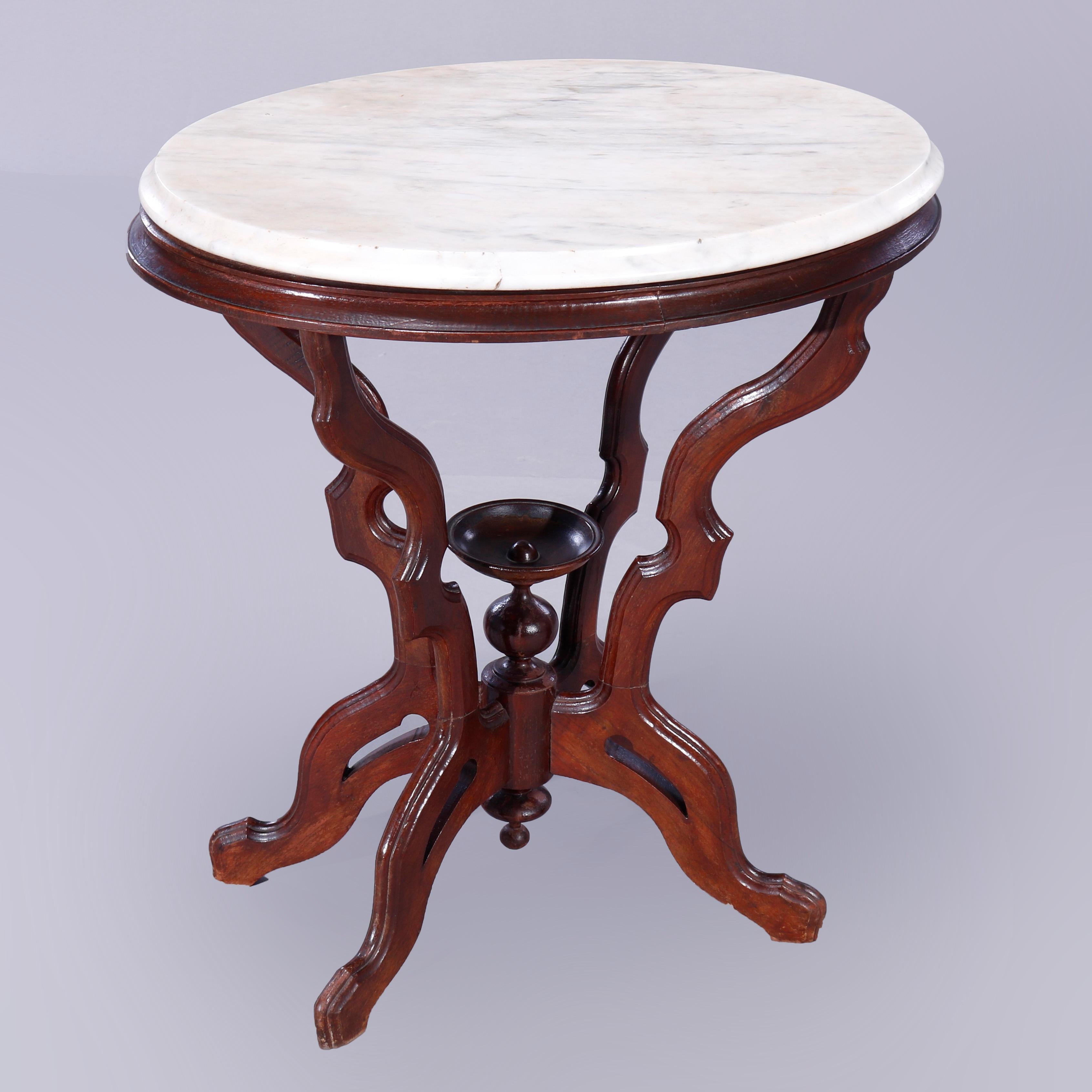 Beveled Antique Eastlake Oval Walnut & Marble Parlor Table, c1890
