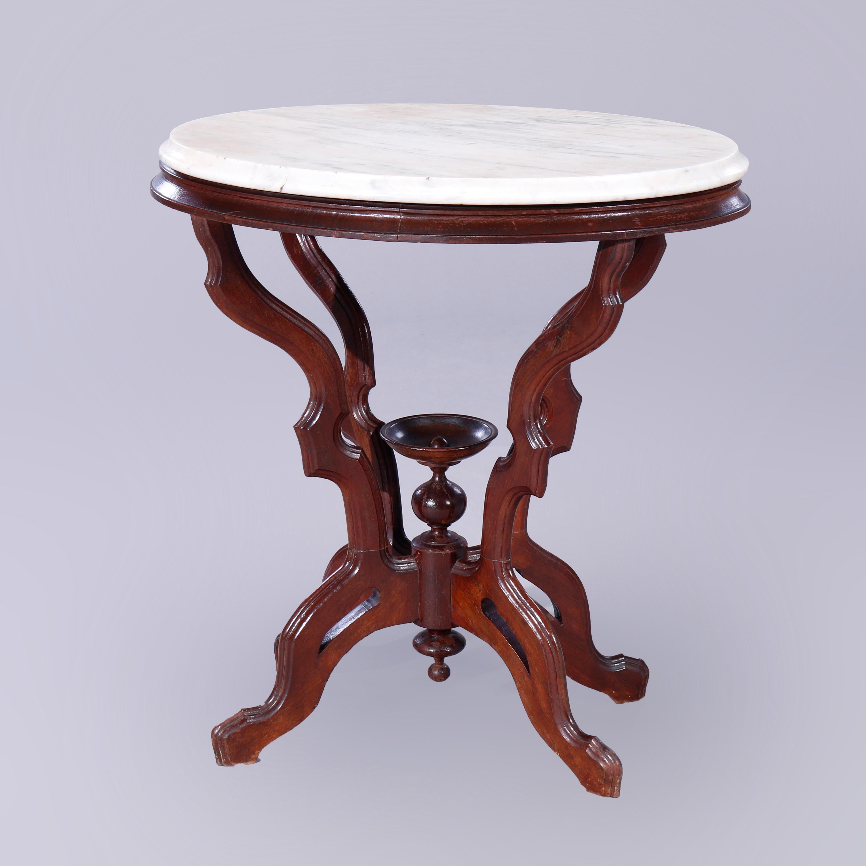 19th Century Antique Eastlake Oval Walnut & Marble Parlor Table, c1890