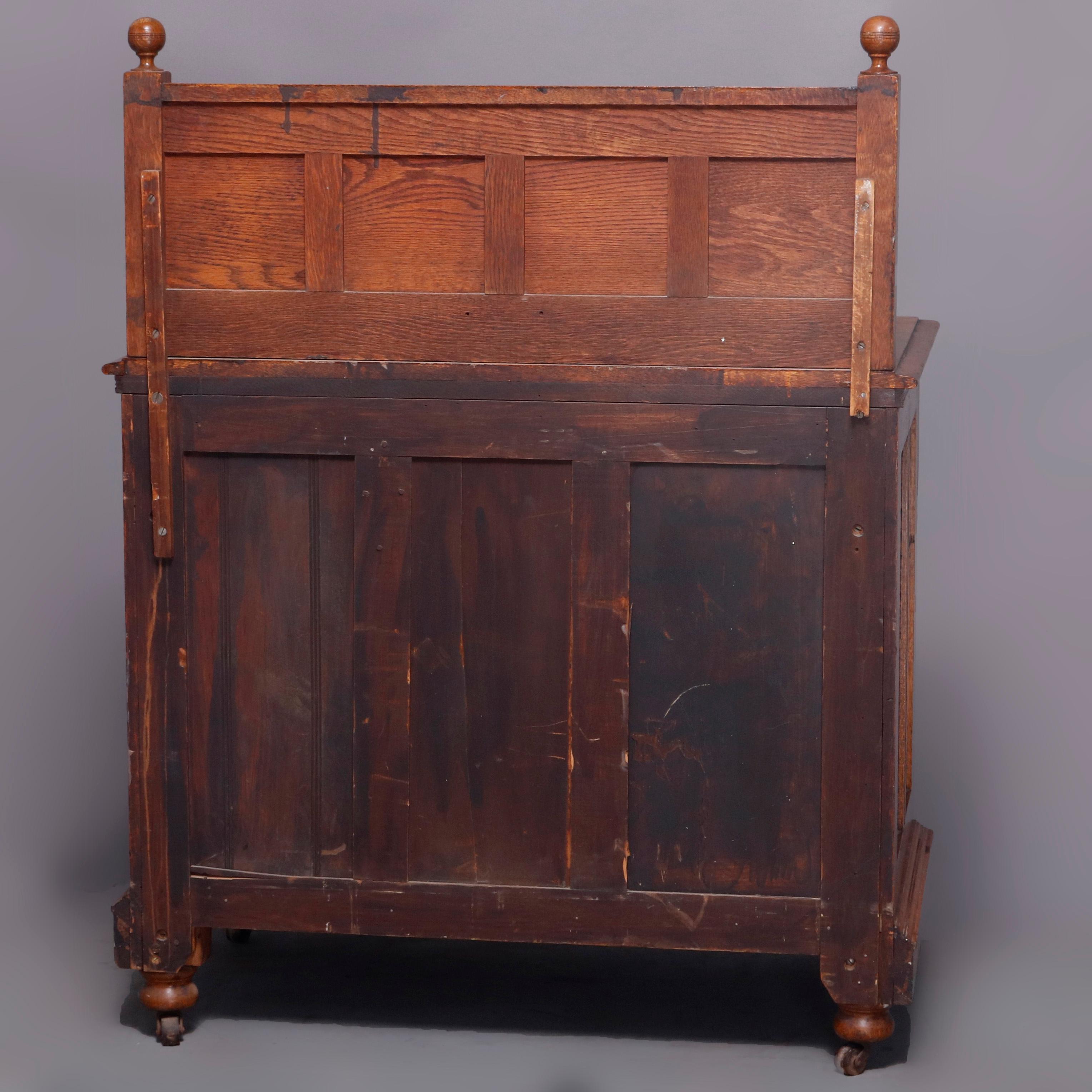 Antique Eastlake Paneled Carved Oak & Bronze Three-Drawer Washstand, circa 1880 In Good Condition In Big Flats, NY