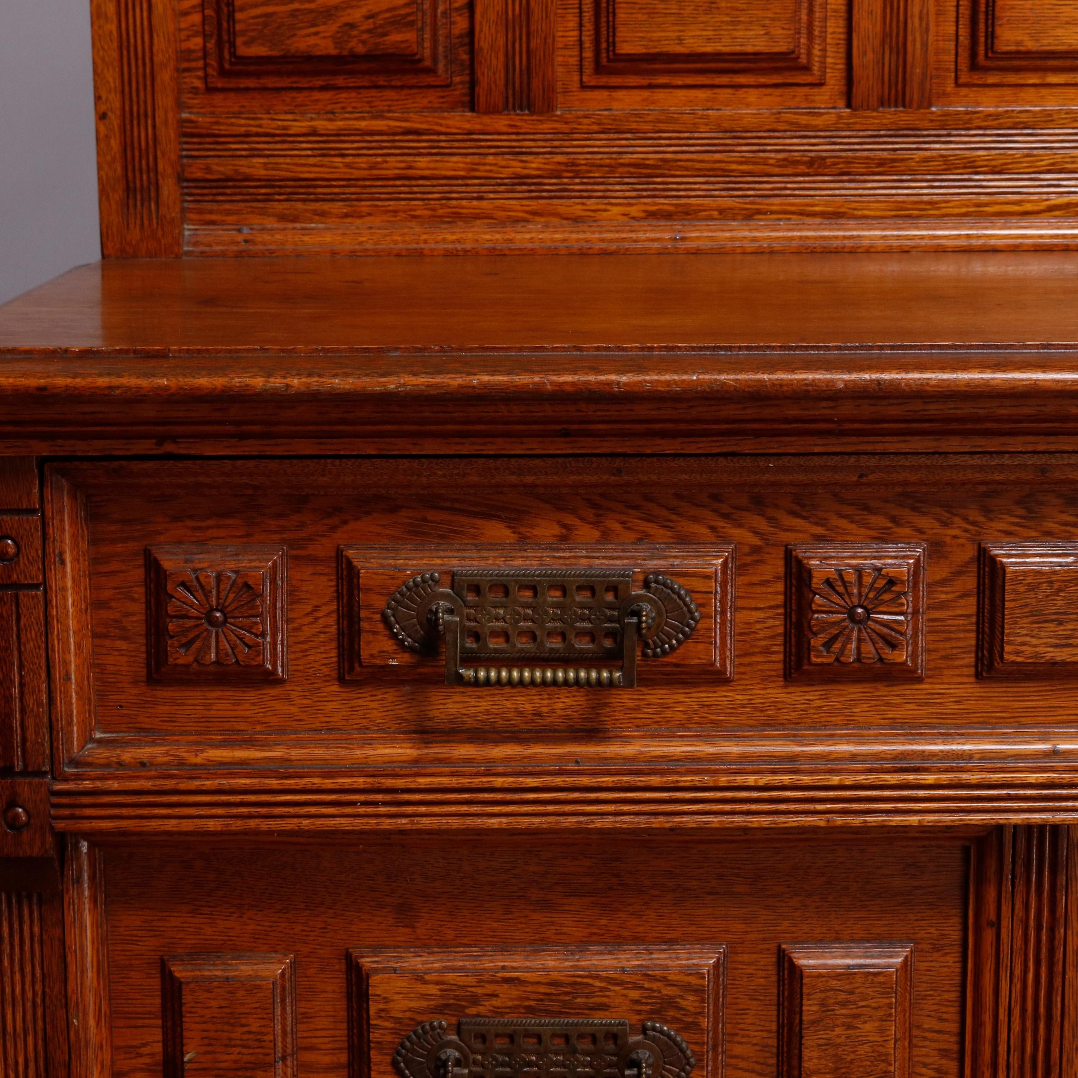 Antique Eastlake Paneled Carved Oak & Bronze Three-Drawer Washstand, circa 1880 2