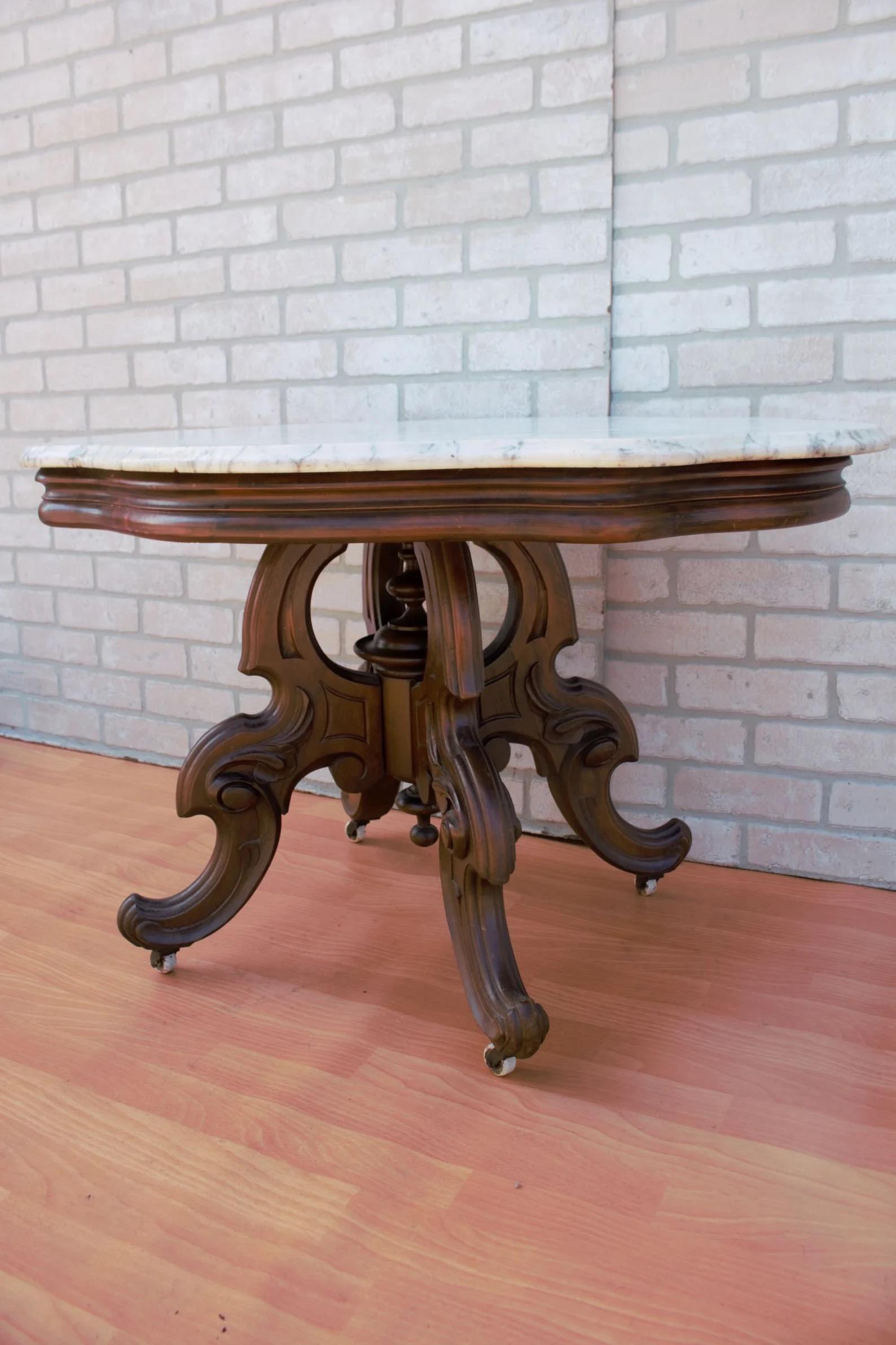Unknown Antique Eastlake Style Coffee Side Table with Carrara Marble Top
