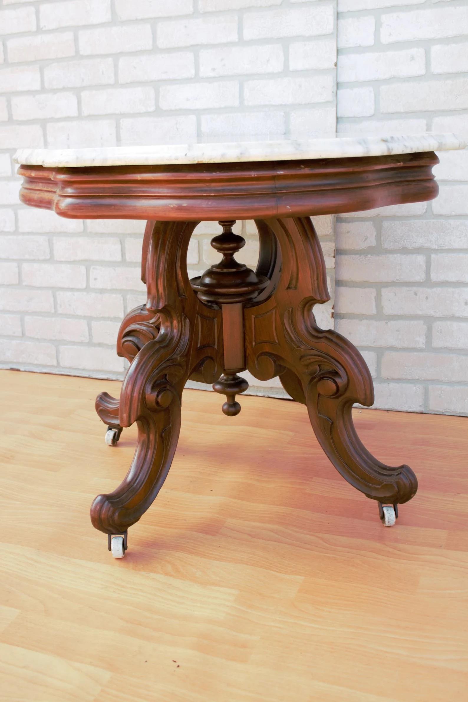 Carved Antique Eastlake Style Coffee Side Table with Carrara Marble Top
