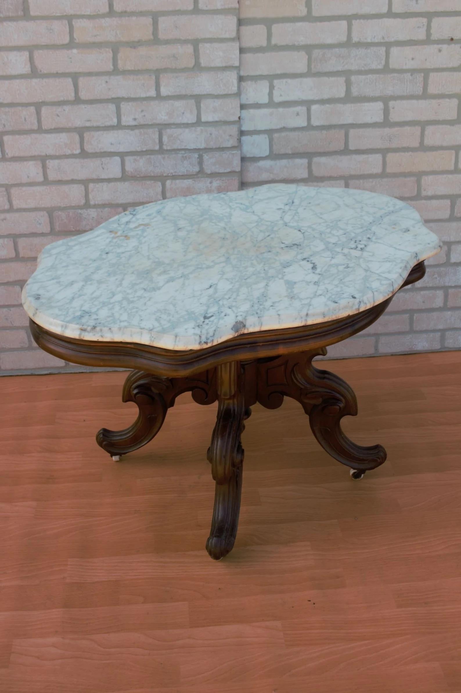 20th Century Antique Eastlake Style Coffee Side Table with Carrara Marble Top