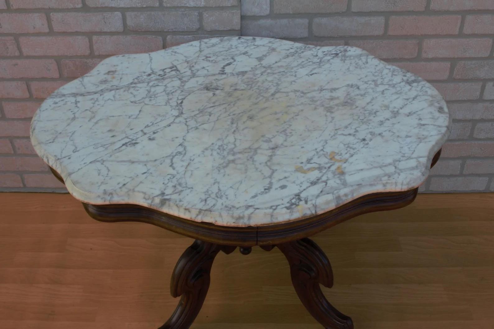 Antique Eastlake Style Coffee Side Table with Carrara Marble Top 1
