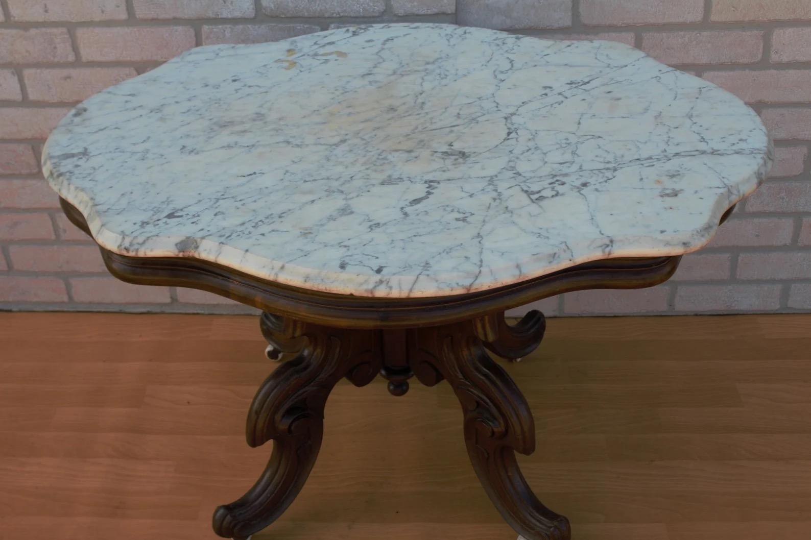 Antique Eastlake Style Coffee Side Table with Carrara Marble Top 2