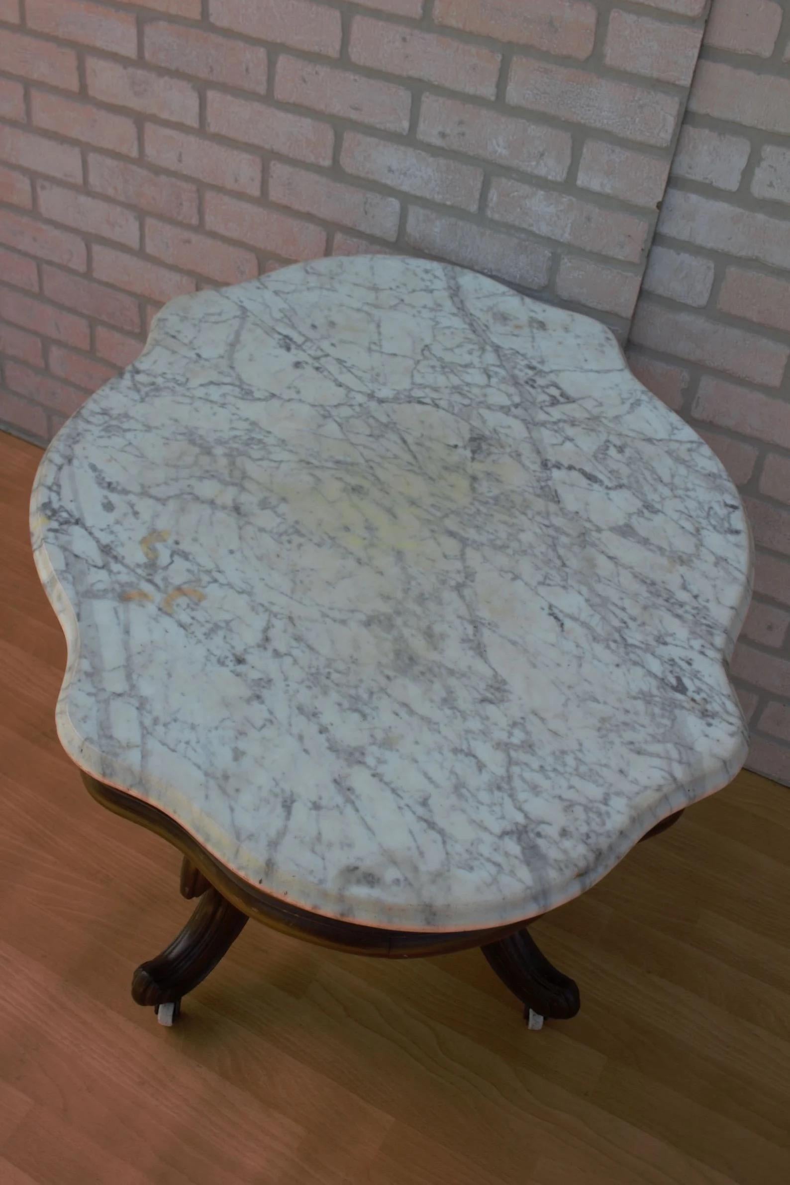 Antique Eastlake Style Coffee Side Table with Carrara Marble Top 3