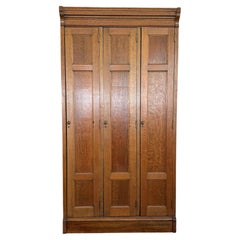 Antique Eastlake Three Part Oak Wardrobe Lockers Cabinet