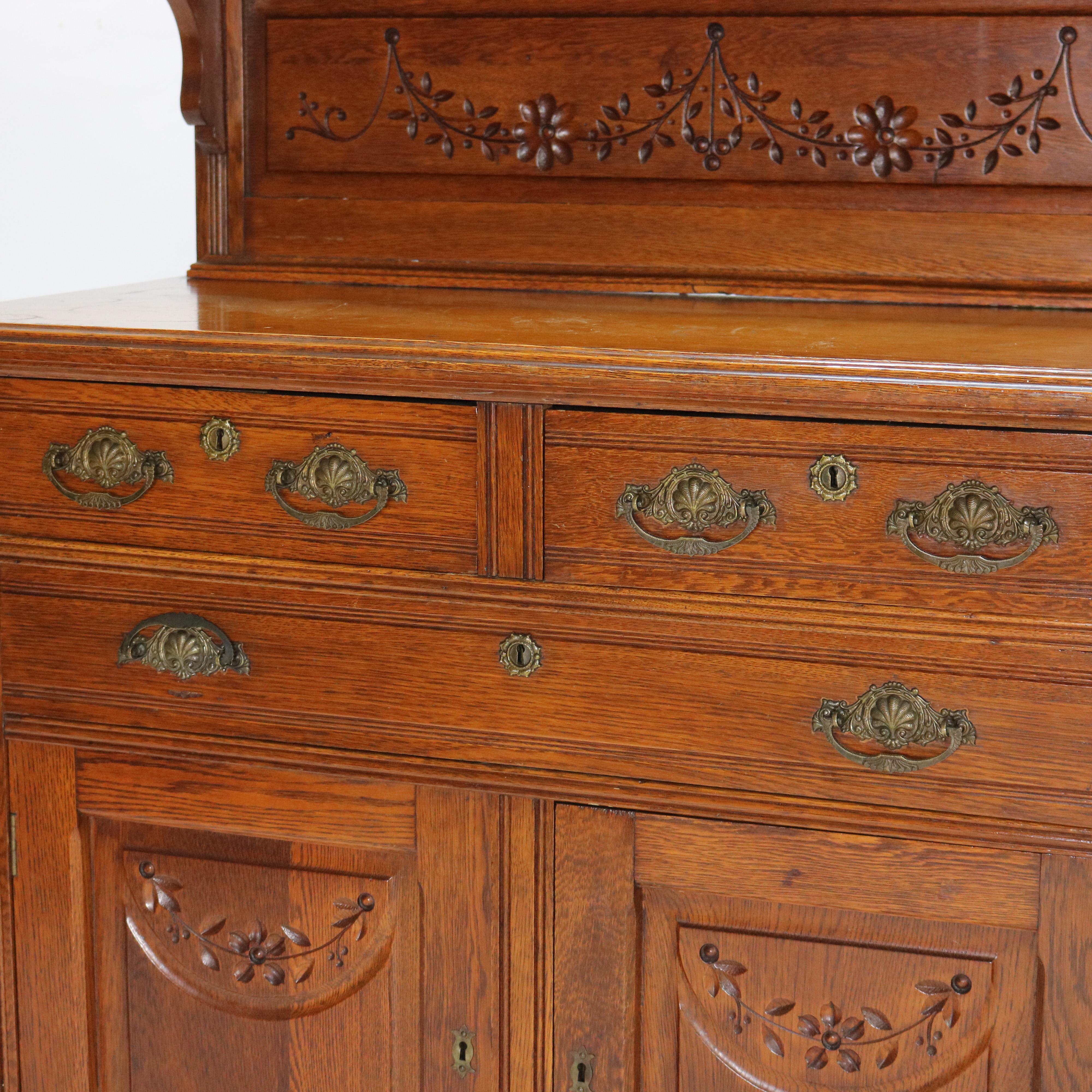 Antique Eastlake Credenza in due pezzi in legno di Oak intagliato con specchio C1910 in vendita 1