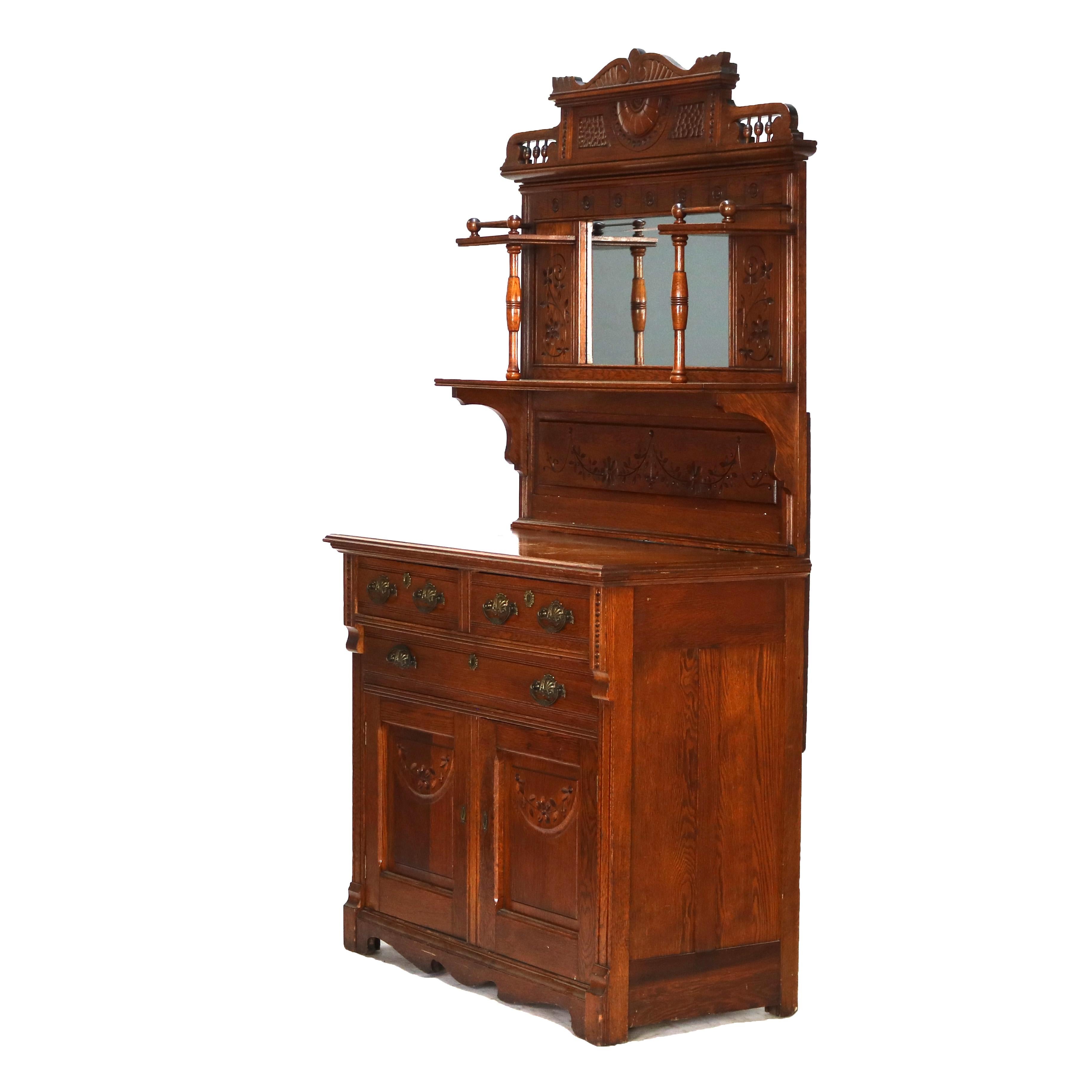 Antique Eastlake Credenza in due pezzi in legno di Oak intagliato con specchio C1910 in vendita 2
