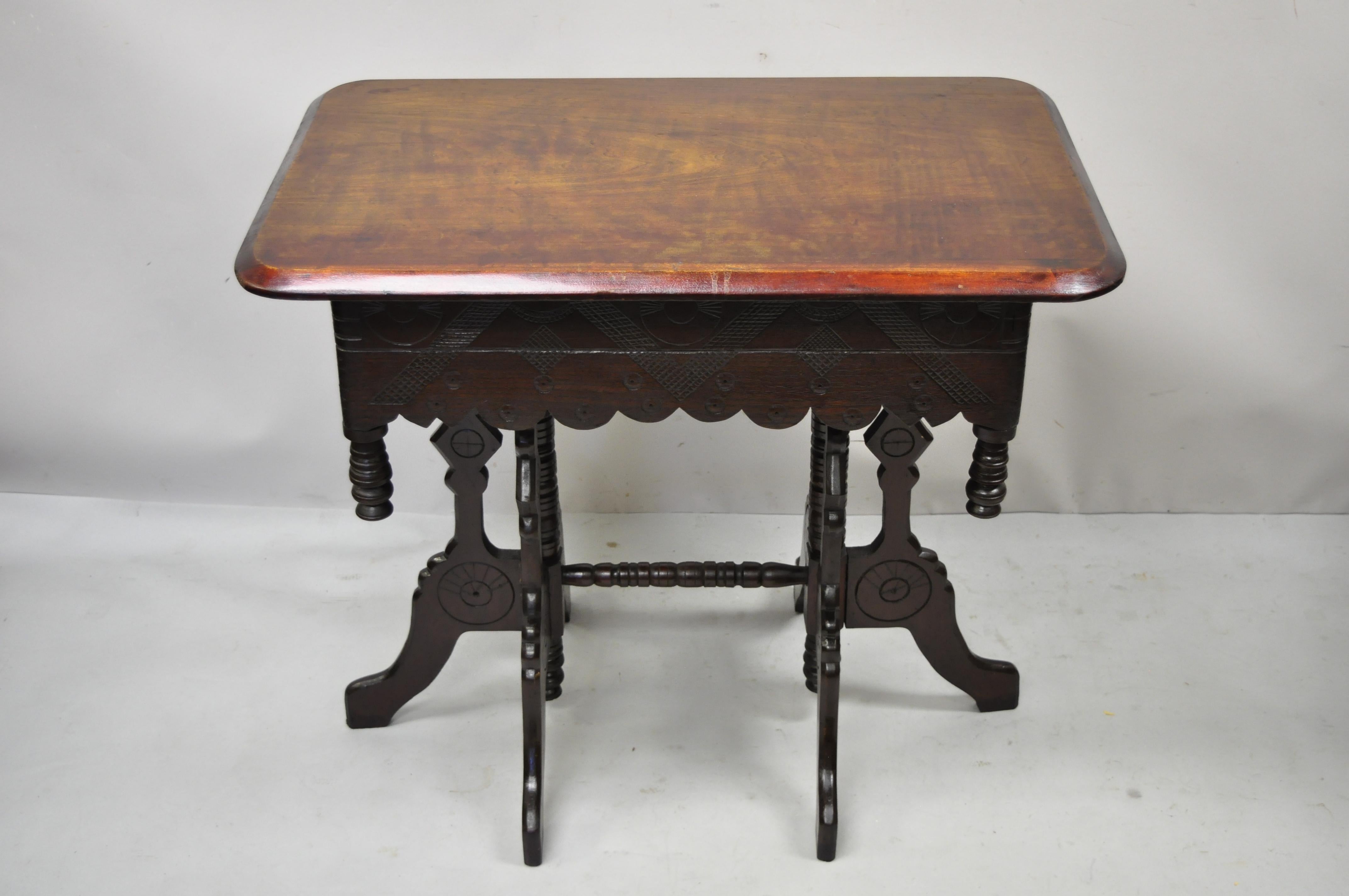 Antique Eastlake Victorian Aesthetic Movement Carved Walnut 6 Leg Parlor Table For Sale 5