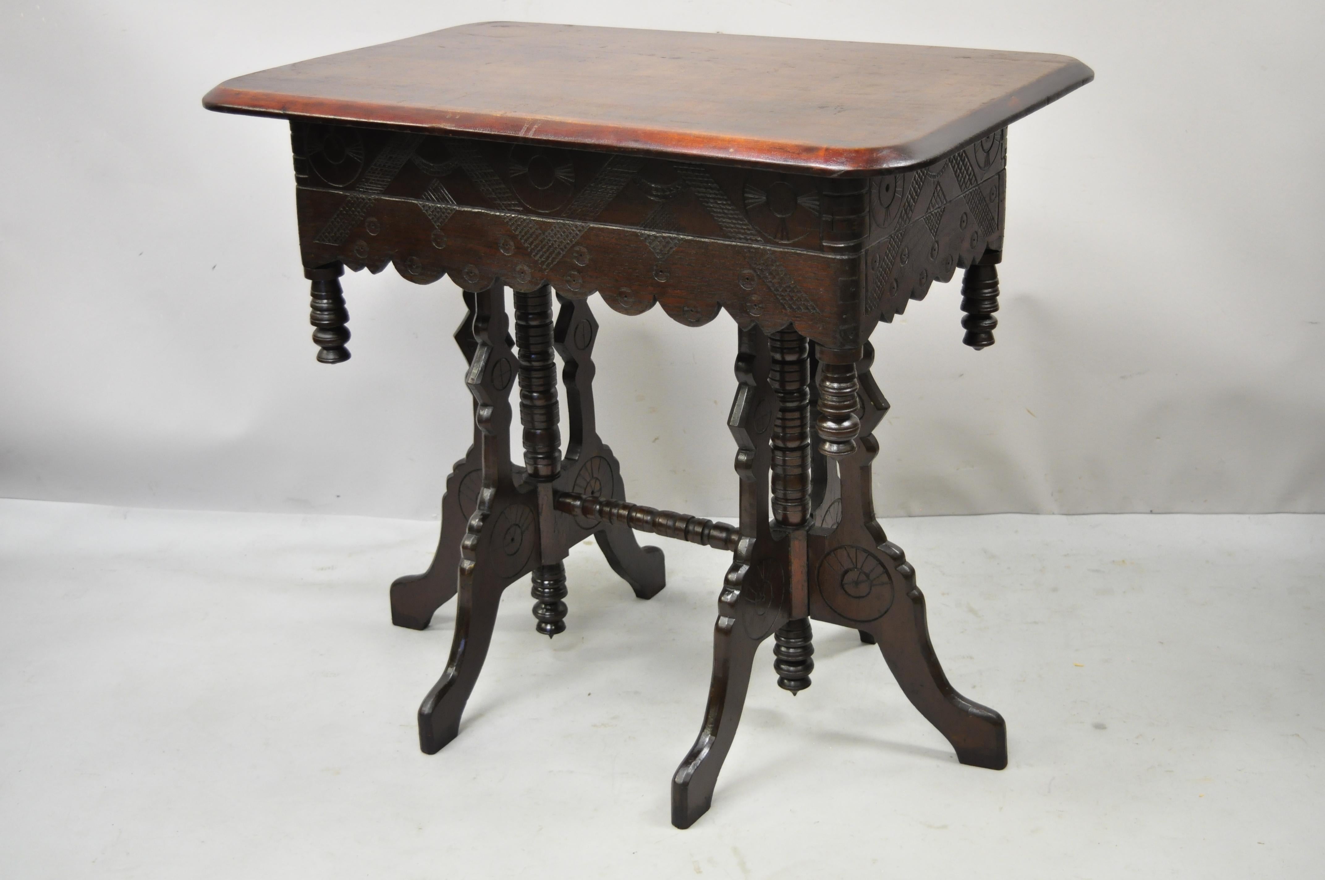 Antique Eastlake Victorian Aesthetic Movement carved walnut 6 leg parlor table. Item features 6 legs, turn carved finials, solid wood construction, beautiful wood grain, nicely carved details, very nice antique item, quality American craftsmanship,