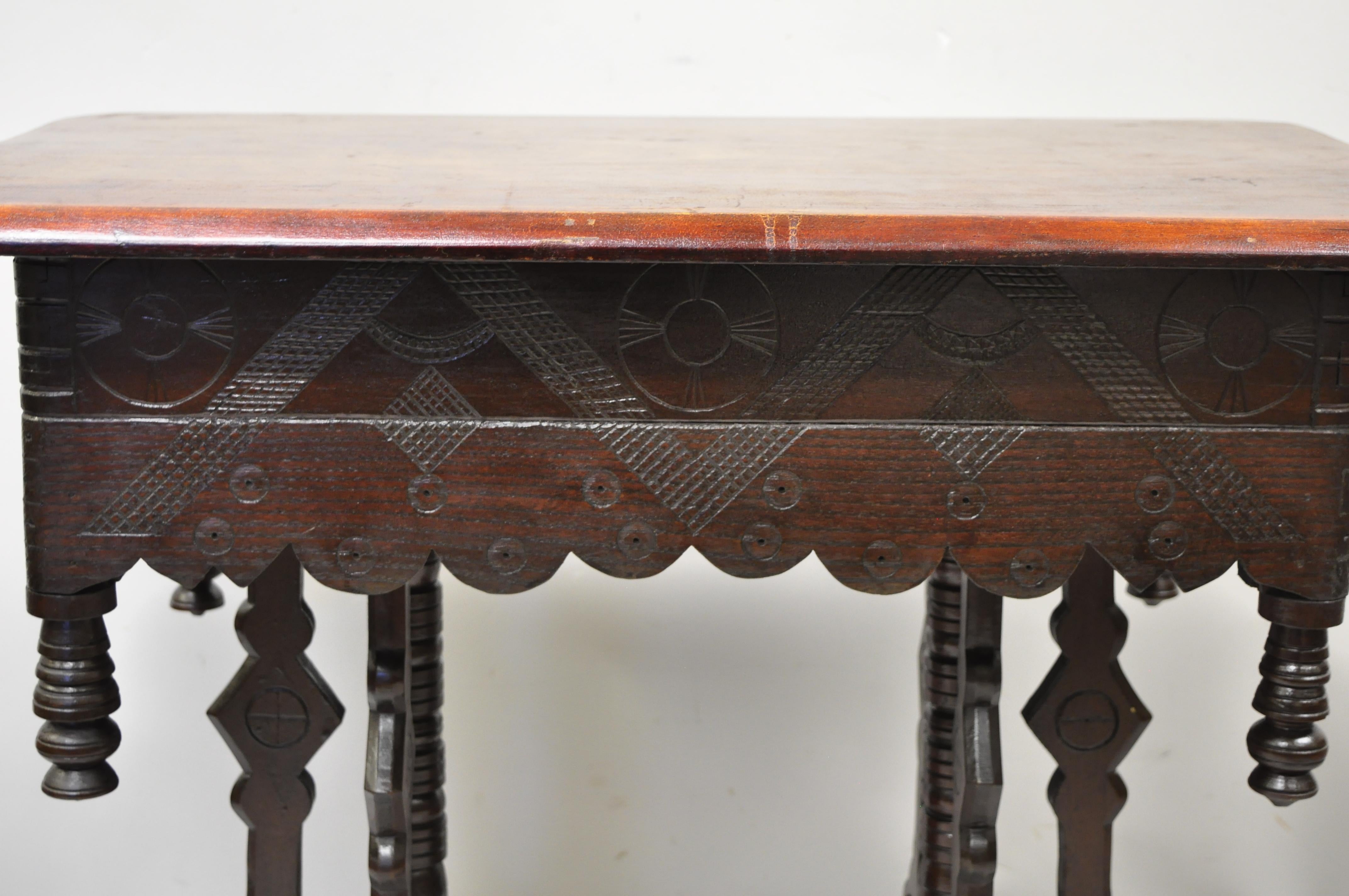19th Century Antique Eastlake Victorian Aesthetic Movement Carved Walnut 6 Leg Parlor Table For Sale