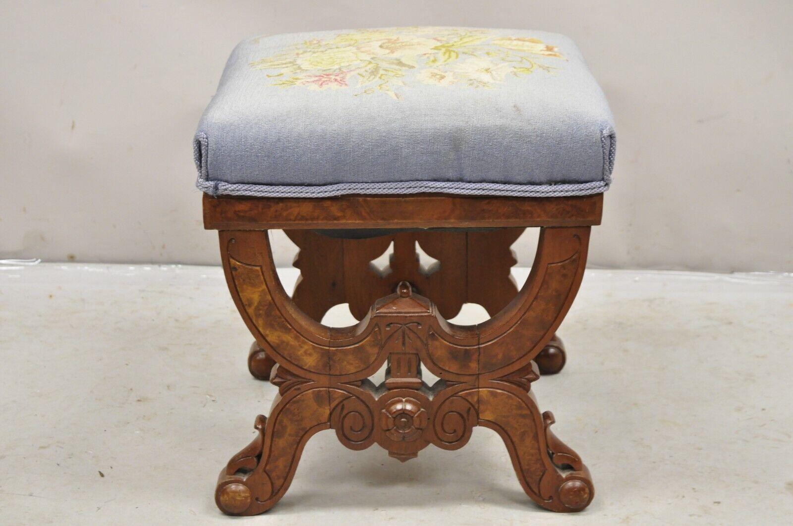 Antique Eastlake Victorian Burl Walnut Carved Curule Footstool Ottoman. Circa 19th Century. Measurements: 16