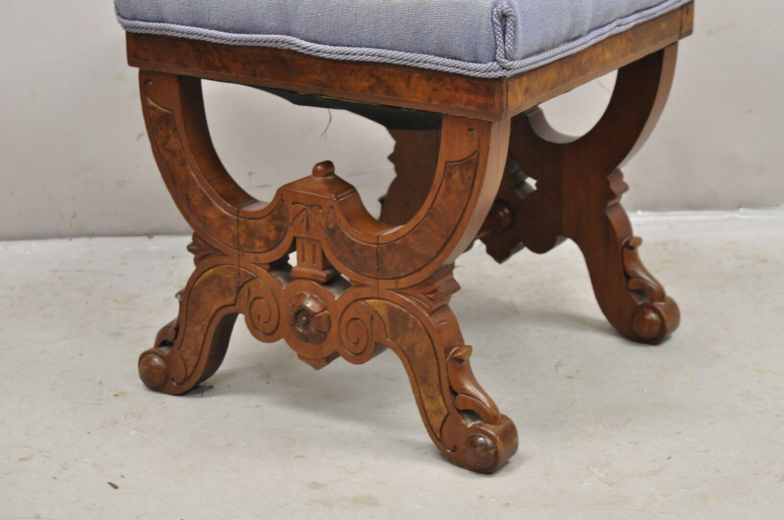 19th Century Antique Eastlake Victorian Burl Walnut Carved Curule Footstool Ottoman For Sale